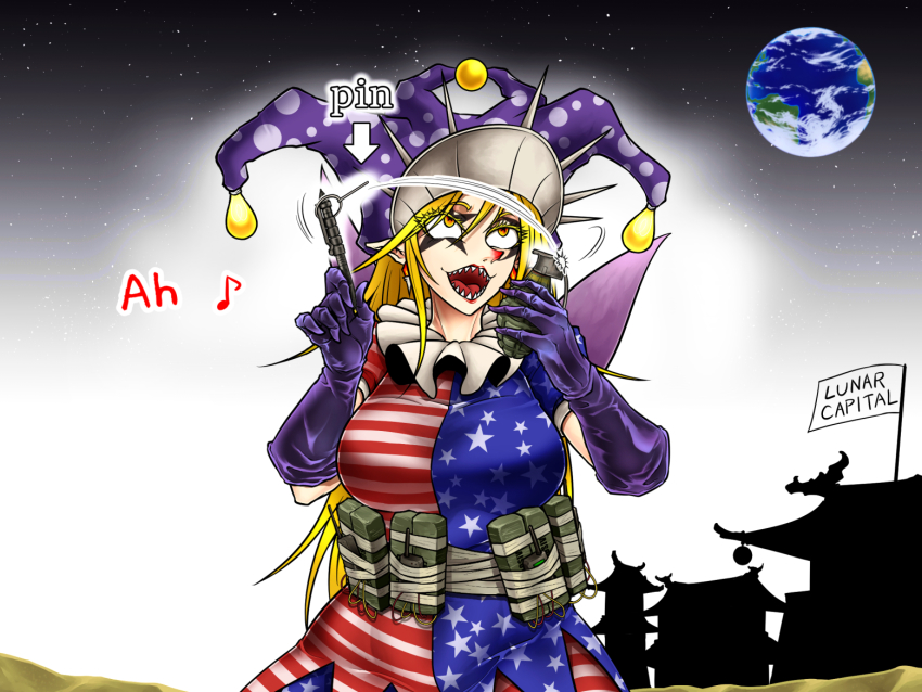 1girl aged_up american_flag american_flag_legwear american_flag_print american_flag_shirt architecture arrow_(symbol) blonde_hair bomb breasts c-4 c4 clownpiece commentary_request cowboy_shot earth_(planet) east_asian_architecture eighth_note english_text explosive eyes_visible_through_hair fairy_wings fragmentation_grenade gloves grenade grenade_pin hair_between_eyes hand_grenade hat jester_cap large_breasts long_hair looking_up makeup mk_2_grenade music musical_note neck_ruff open_mouth orange_eyes pen pen-pineapple-apple-pen planet pointy_ears polka_dot polka_dot_headwear print_shirt purple_gloves purple_hat ryuuichi_(f_dragon) sharp_teeth singing sky solo star-shaped_pupils star_(sky) star_(symbol) star_print starry_sky suicide_bomb symbol-shaped_pupils teeth terrorism touhou wings