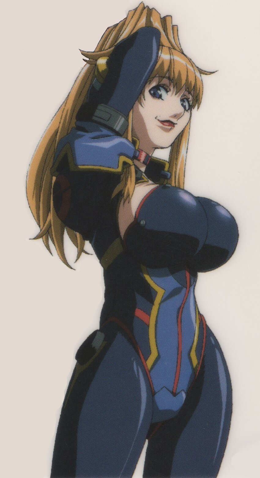 1girl arm_up blonde_hair blue_eyes bodysuit breasts choujuushin_gravion choujuushin_gravion_zwei highres large_breasts long_hair official_art solo solo_focus tachibana_mizuki thick_thighs thighs