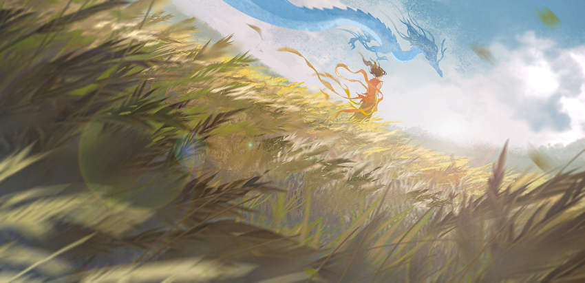 1boy ao_bing_(nezha_zhi_motong_jiangshi) black_pants blue_sky blurry brown_hair chinese_commentary cloud cloudy_sky day depth_of_field dragon eastern_dragon field floating_hair grass grasslands hagoromo highres implied_yaoi leaf lens_flare long_hair nezha_(nezha_zhi_motong_jiangshi) nezha_zhi_motong_jiangshi outdoors pants red_shirt scenery shawl shirt sky solo wide_shot wind yinzinmiemie
