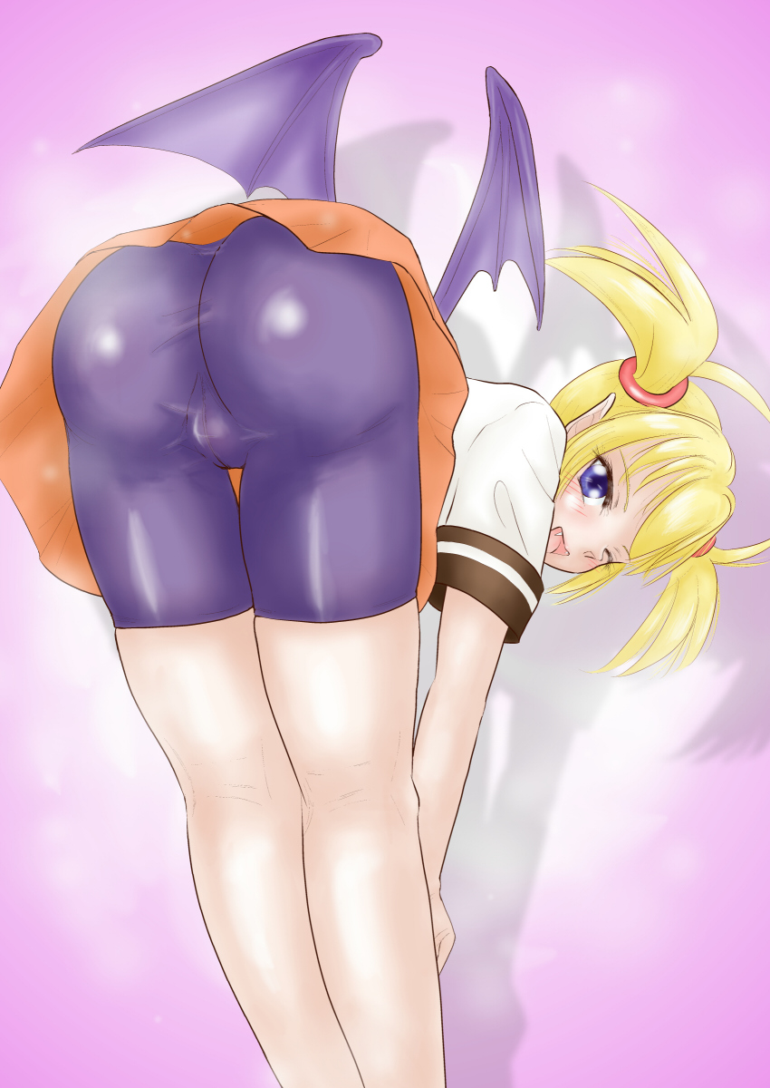 1girl absurdres arcana_heart artist_request ass bat_wings bent_over bike_shorts blonde_hair examu fangs highres lilica_felchenerow looking_at_viewer open_mouth pointy_ears purple_eyes school_uniform shadow skirt twintails upskirt wings wink