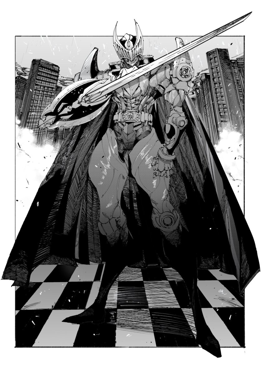 1boy anniversary armor bat_(animal) bat_wings belt black_armor black_boots black_cape boots cape card_deck_(knight) checkered_floor city cityscape commentary full_body greyscale heisei highres ichitaka_(1015ichitaka) kamen_rider kamen_rider_knight kamen_rider_ryuki_(series) knight male_focus monochrome reverse_grip solo sword v_buckle weapon wings