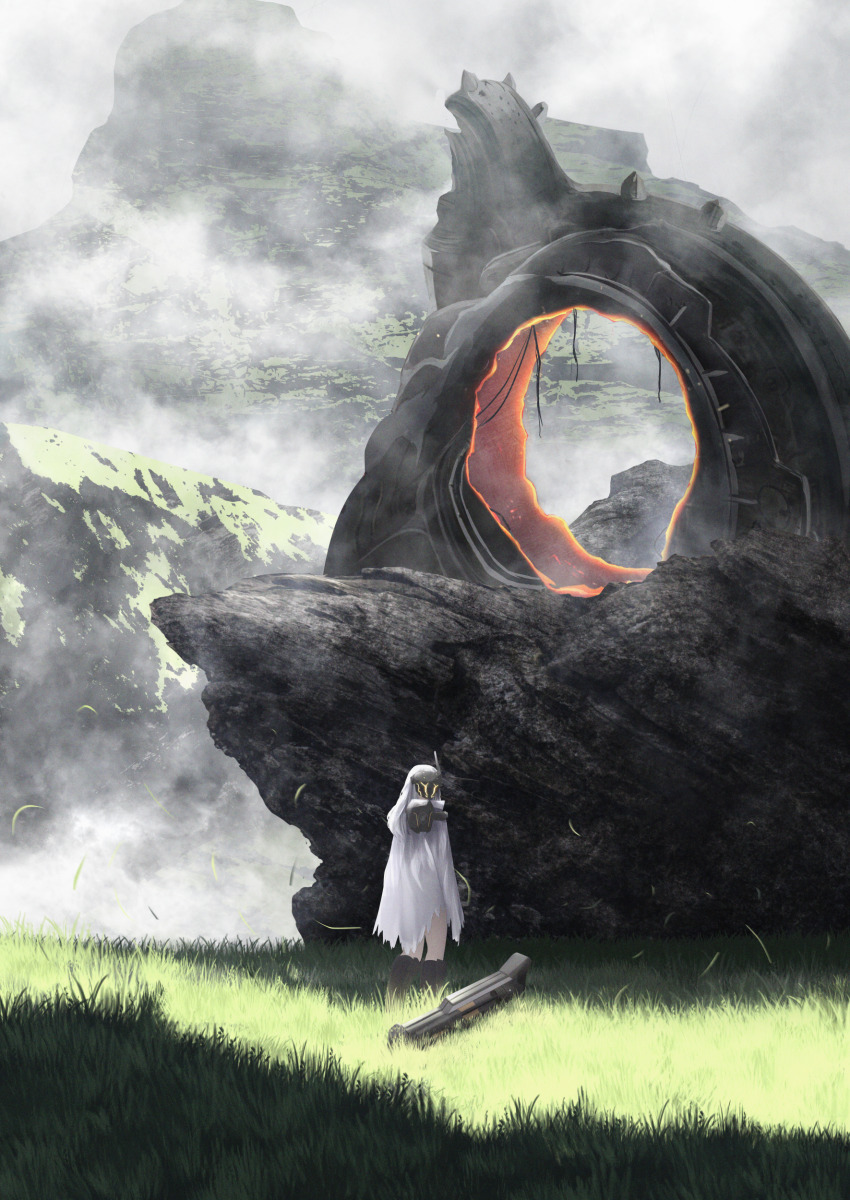 1girl absurdres armor battlefield bullet_hole cloak cloud commentary_request damaged goddess_of_victory:_nikke grass gun head-mounted_display highres holding holding_gun holding_weapon hole landscape long_hair mechanical_arms mixed-language_commentary mountain nature non-humanoid_robot outdoors rapture_(nikke) robot rock ruins scenery shoulder_armor single_mechanical_arm sky snow_white_(nikke) solo syn_(synstyle) visor_(armor) weapon white_cloak white_hair wind