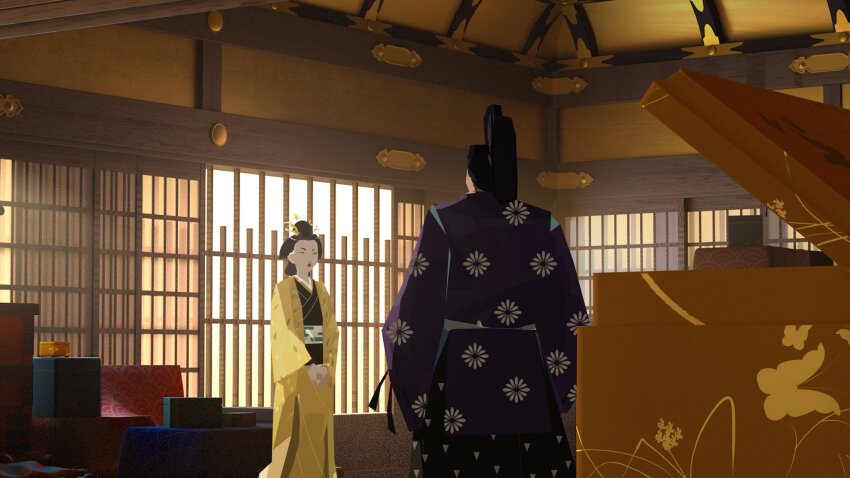 1boy 1girl architecture black_hair blue_eye_samurai board_game box commentary concept_art day east_asian_architecture english_commentary floral_print from_below hairstyle_request highres indoors instrument japanese_clothes kikumon kimono mandolin netflix open_box purple_kimono standing yellow_kimono yun_ling