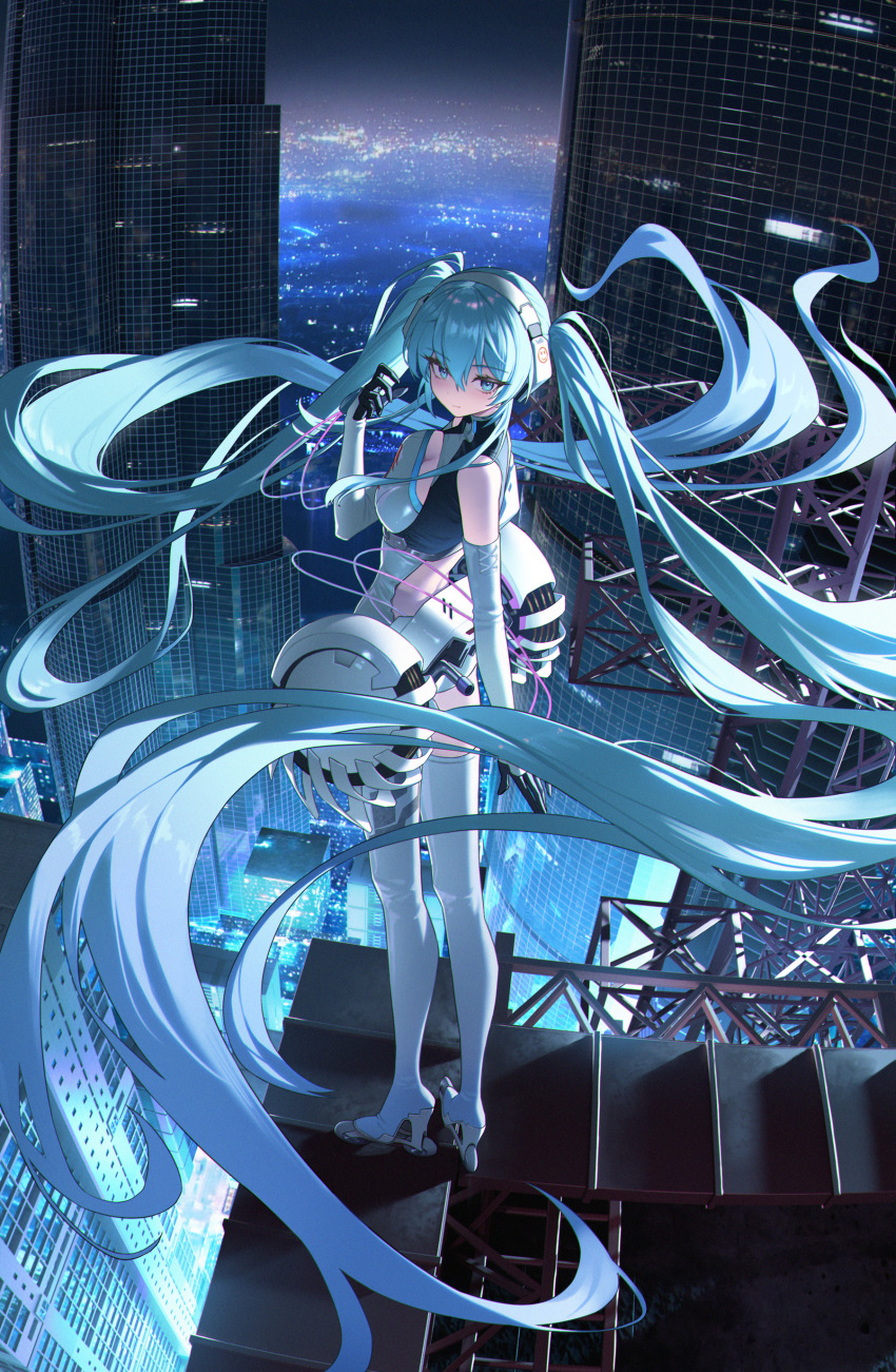 1girl absurdly_long_hair absurdres aqua_eyes aqua_hair bare_shoulders boots breasts cityscape cleavage cleavage_cutout closed_mouth clothing_cutout commentary costume_request elbow_gloves floating_hair full_body gloves goodsmile_racing hair_between_eyes hatsune_miku headphones high_heel_boots high_heels highres long_hair looking_at_viewer medium_breasts night on_roof solo standing thigh_boots turning_head very_long_hair vocaloid white_boots white_gloves xzu