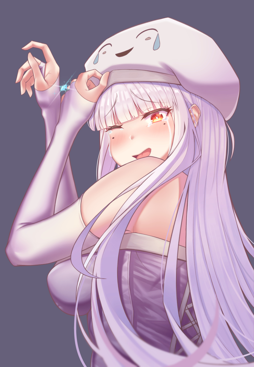 1girl blunt_bangs blush borrowed_character breasts commentary destinyplayer1 dress elbow_gloves english_commentary fingerless_gloves ghast gloves highres hime_cut jewelry large_breasts long_hair looking_at_viewer minecraft mole mole_under_eye one_eye_closed open_mouth ornate_ring personification red_eyes ring solo upper_body wedding_ring white_dress white_gloves white_hair