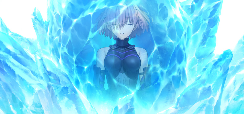 1girl armor armored_leotard breasts closed_eyes crystal encasement fate/grand_order fate_(series) game_cg gloves hair_over_one_eye leotard mash_kyrielight official_art open_mouth pink_hair short_hair sleeping sleeveless solo spoilers takeuchi_takashi trapped upper_body