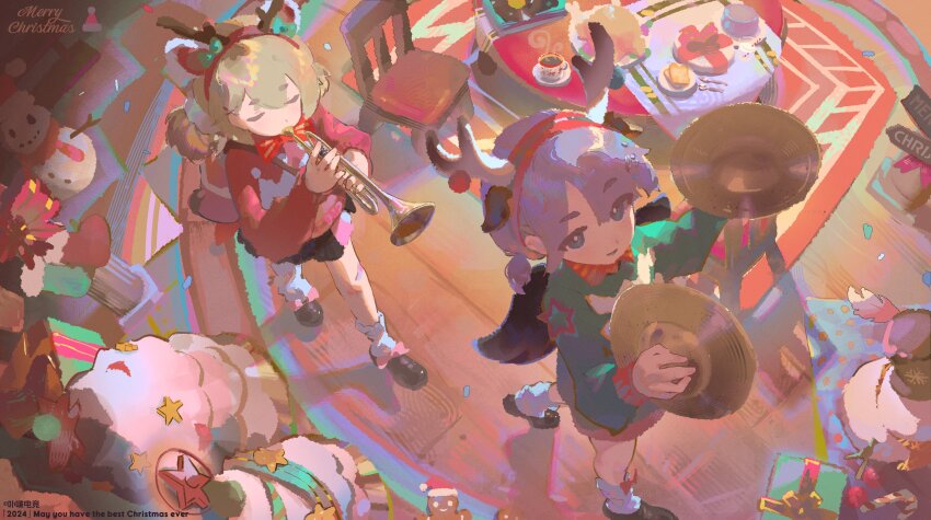 2girls absurdres antlers blue_eyes box child christmas christmas_present closed_eyes cymbals deer_antlers duet gift gift_box highres holding holding_instrument holding_trumpet horns indoors instrument merry_christmas multiple_girls music original playing_instrument stuffed_animal stuffed_toy trumpet walking yaungpeng