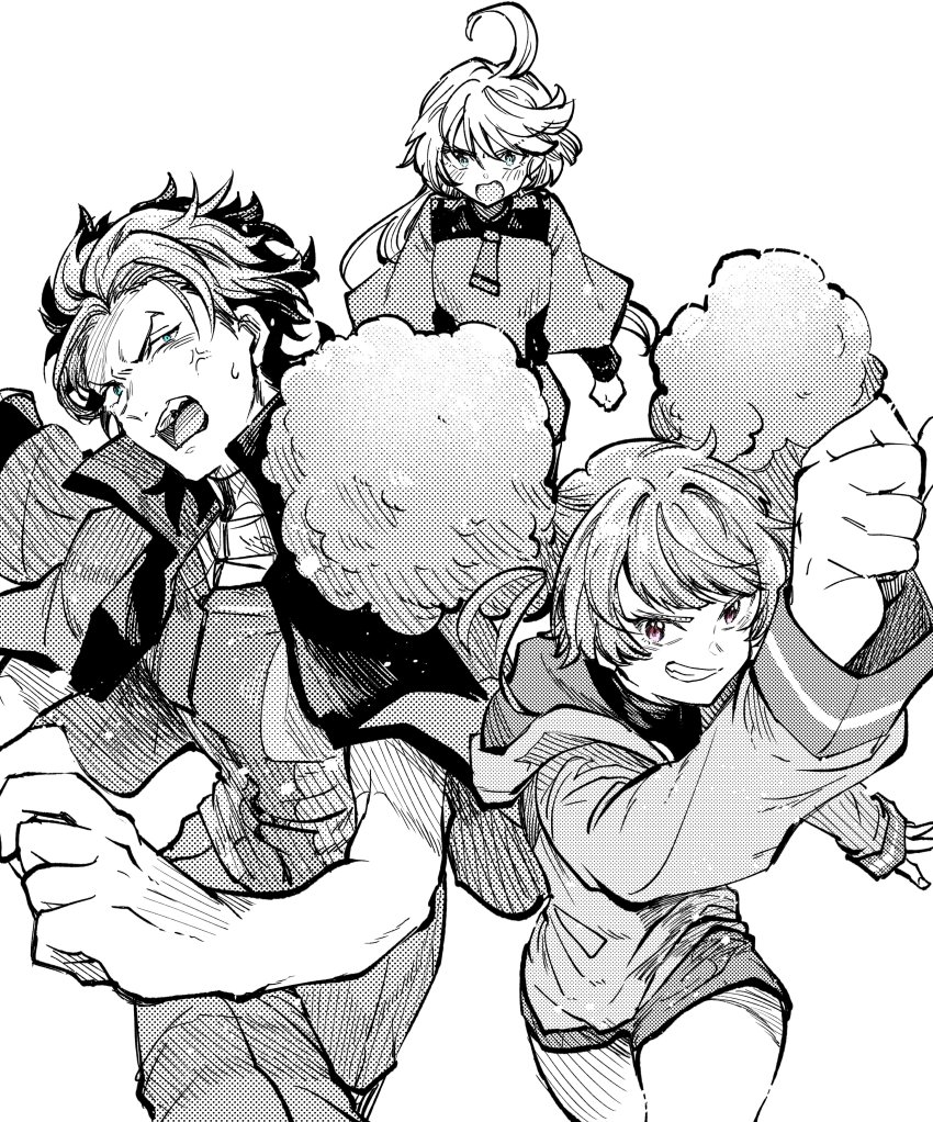 1boy 2girls absurdres afro_puffs annoyed blue_eyes blush chuatury_panlunch clenched_hand guel_jeturk gundam gundam_suisei_no_majo highres jacket kudou_makoto miorine_rembran monochrome multiple_girls open_hand parted_lips purple_eyes running shorts spot_color veins white_background