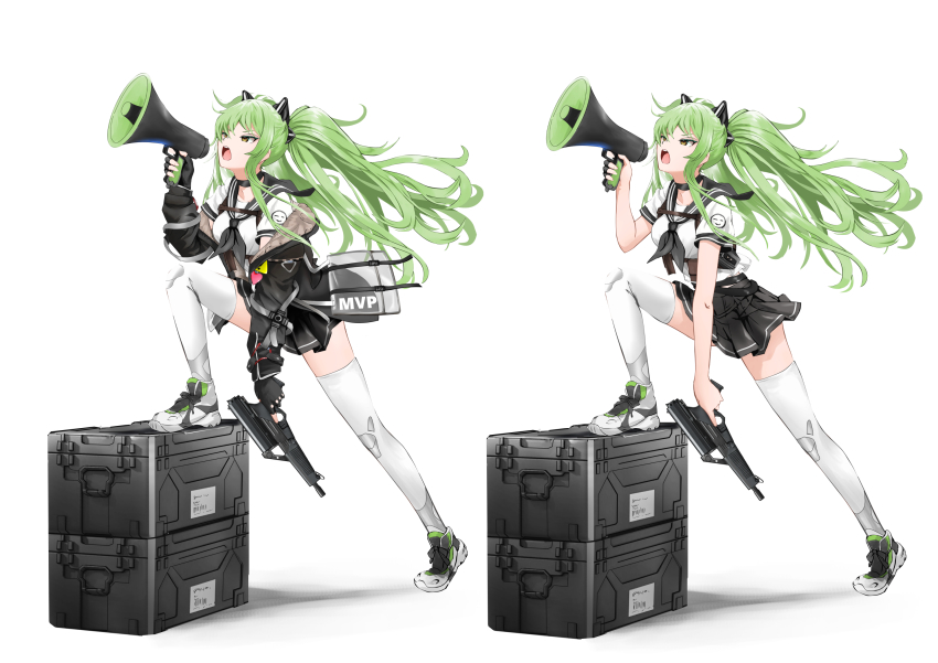 1girl black_gloves black_jacket black_skirt calico_light_weapons_systems calico_m950 calico_m950a cheek_pistol commission double-stack_magazine fingerless_gloves gibun_(sozoshu) girls&#039;_frontline gloves green_hair gun handgun helical_magazine high-capacity_magazine highres holding holding_gun holding_megaphone holding_weapon jacket long_hair long_sleeves m950a_(girls&#039;_frontline) m950a_(mod3)_(girls&#039;_frontline) machine_pistol megaphone messy_hair miniskirt pistol pixiv_commission pleated_skirt school_uniform shirt short_sleeves skirt thighhighs two_side_up weapon white_shirt white_thighhighs yellow_eyes
