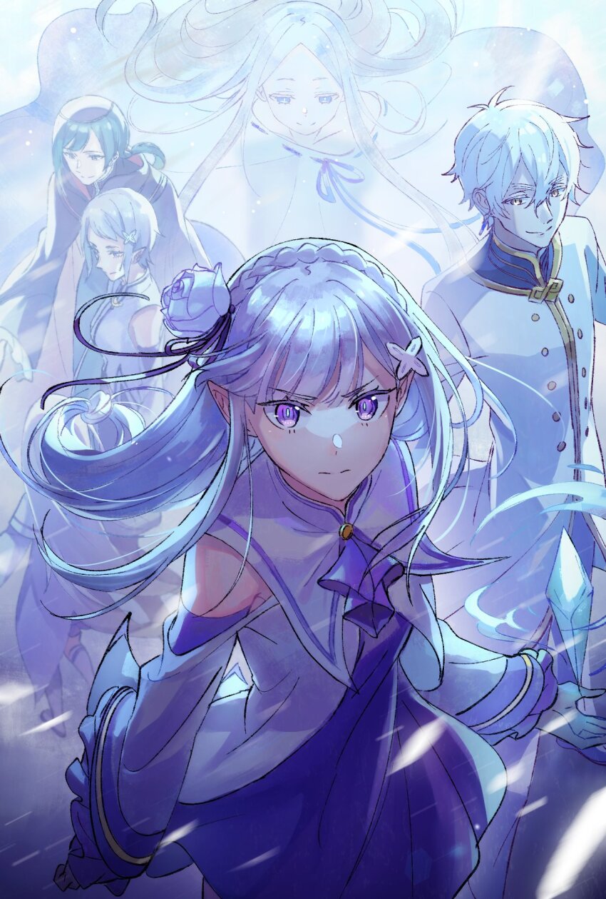 2boys 3girls aunt_and_niece bare_shoulders blue_eyes blue_ribbon braid collarbone colored_eyelashes commentary_request crown_braid dress elf emilia_(re:zero) flower fortuna_(re:zero) green_hair grey_hair hair_flower hair_ornament hair_ribbon harusabin hat highres long_hair long_sleeves looking_at_viewer multiple_boys multiple_girls off_shoulder pandora_(re:zero) parted_bangs petelgeuse_romaneeconti pointy_ears ponytail purple_eyes purple_ribbon re:zero_kara_hajimeru_isekai_seikatsu regulus_corneas ribbon ribbon-trimmed_clothes ribbon-trimmed_dress ribbon_trim rose short_hair smile very_long_hair white_dress white_flower white_hair white_rose x_hair_ornament yellow_eyes