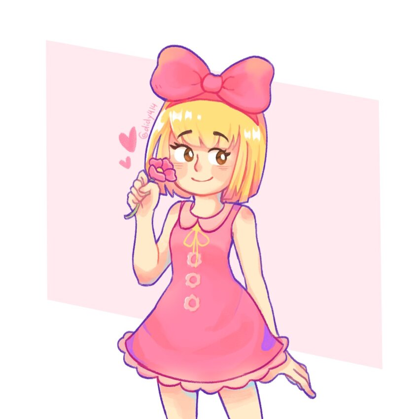 1girl animal_crossing blonde_hair bow closed_mouth commentary didy414 dress english_commentary hair_bow happy humanization nintendo penelope_(animal_crossing) pink_bow pink_dress short_hair simple_background smile solo white_background