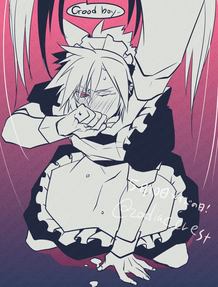 2boys aftersex alternate_costume apron black_dress blush covering_own_mouth crossdressing crossdressing_(mtf) cum cum_on_floor dress english_text enmaided final_fantasy final_fantasy_vii frilled_apron frills hand_on_another&#039;s_head highres kneeling long_hair maid maid_apron maid_headdress male_focus male_maid multiple_boys one_eye_closed pink_eyes puffy_sleeves rukashio short_hair spiked_hair sweatdrop tearing_up watermark white_apron yaoi