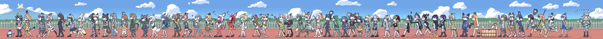 &gt;_&lt; 6+girls :d ^_^ absolutely_everyone absurdres african_wild_dog_(kemono_friends) alpaca_ears alpaca_suri_(kemono_friends) alpaca_tail american_beaver_(kemono_friends) animal animal_ear_fluff animal_ears animal_print antlers arabian_oryx_(kemono_friends) armadillo_ears armor aurochs_(kemono_friends) axis_deer_(kemono_friends) basin bear_ears bear_tail beaver_ears beaver_tail bird bird_tail bird_wings black-tailed_prairie_dog_(kemono_friends) black_hair black_legwear blonde_hair blood blue_dress blue_hair blue_sky blunt_bangs blush boots bow bowtie braid brown_bear_(kemono_friends) brown_hair bug butterfly capybara_(kemono_friends) cat_ears cat_tail cetacean_tail chameleon_tail circlet closed_eyes cloud commentary_request common_dolphin_(kemono_friends) common_raccoon_(kemono_friends) crested_porcupine_(kemono_friends) day deer_ears dog_ears dog_tail dress elbow_gloves elephant_ears elephant_tail emperor_penguin_(kemono_friends) eurasian_eagle_owl_(kemono_friends) everyone extra_ears ezo_red_fox_(kemono_friends) fang fence fennec_(kemono_friends) finger_frame fingerless_gloves fins fish_tail fossa_(kemono_friends) fossa_ears fossa_tail fox_ears fox_tail frilled_lizard_(kemono_friends) fur_collar gazelle_ears gazelle_horns gazelle_tail gentoo_penguin_(kemono_friends) geta giant_armadillo_(kemono_friends) giraffe_ears giraffe_horns giraffe_print giraffe_tail glasses gloves golden_snub-nosed_monkey_(kemono_friends) gradient_ribbon grape-kun green_hair grey_hair grey_legwear grey_wolf_(kemono_friends) hair_between_eyes hat hat_feather head_wings headphones highres hippopotamus_(kemono_friends) hippopotamus_ears hiyashi_macaron holding_hands hood hoodie horizon horns humboldt_penguin humboldt_penguin_(kemono_friends) indian_elephant_(kemono_friends) insect jaguar_(kemono_friends) jaguar_ears jaguar_tail japanese_black_bear_(kemono_friends) japanese_crested_ibis_(kemono_friends) japari_symbol juggling kaban_(kemono_friends) kemono_friends king_cobra_(kemono_friends) knee_boots leopard_print leotard lion_(kemono_friends) lion_ears lion_tail lizard_tail long_hair long_image longhorn_lance looking_at_another looking_at_viewer lucky_beast_(kemono_friends) malayan_tapir_(kemono_friends) margay_(kemono_friends) mirai_(kemono_friends) monkey_ears monkey_tail moose_(kemono_friends) moose_ears multicolored_hair multiple_girls musical_note necktie northern_white-faced_owl_(kemono_friends) nosebleed ocelot_(kemono_friends) ocelot_print okapi_(kemono_friends) okapi_ears okapi_tail open_mouth otter_ears otter_tail outdoors panther_chameleon_(kemono_friends) pantyhose paw_stick peacock_feathers peafowl_(kemono_friends) penguin plaid_clothes plaid_skirt plains_zebra_(kemono_friends) ponytail porcupine_ears porcupine_tail print_gloves print_legwear print_skirt profile raccoon_ears raccoon_tail red_hair red_legwear reticulated_giraffe_(kemono_friends) rhinoceros_ears ribbon rockhopper_penguin_(kemono_friends) royal_penguin_(kemono_friends) running sand_cat_(kemono_friends) scarlet_ibis_(kemono_friends) serval_(kemono_friends) serval_tail shoebill_(kemono_friends) shoes short_hair short_sleeves shorts silver_fox_(kemono_friends) skirt sky sleeveless sleeveless_dress small-clawed_otter_(kemono_friends) smile snake_tail southern_tamandua_(kemono_friends) squiggle staff stone striped_tail tail tamandua_ears tamandua_tail tapir_ears tasmanian_devil_(kemono_friends) tasmanian_devil_ears tasmanian_devil_tail thighhighs thomson&#039;s_gazelle_(kemono_friends) tsuchinoko_(kemono_friends) two-tone_bow two-tone_bowtie very_long_hair volcano walking waving white_gloves white_hair white_headwear white_legwear white_rhinoceros_(kemono_friends) wide_image wings wolf_ears wolf_tail zebra_ears