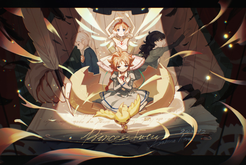 2boys 3girls ahiru_(duck)_(princess_tutu) ahiru_(princess_tutu) arms_up bead_bracelet beads bird black_hair bowing bracelet braid braided_ponytail closed_mouth copyright_name dated detached_wings dress dual_persona duck egg eggshell energy_wings fakir_(princess_tutu) glowing glowing_wings grey_dress grey_hair hatching highres holding holding_quill jewelry juliet_sleeves light_particles long_hair long_sleeves looking_ahead multiple_boys multiple_girls mytho_(princess_tutu) necklace orange_hair out_of_frame paper paper_stack parted_lips princess_tutu princess_tutu_(character) puffy_sleeves puppet_strings quill rue_(princess_tutu) ryuh_(asahina_neru) school_uniform short_hair signature size_difference smile spotlight wavy_hair white_dress wing_collar wings writing x_arms