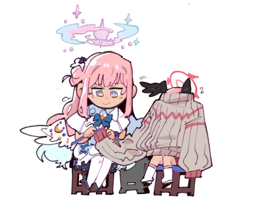 2girls black_wings blue_archive blue_halo capelet chair closed_mouth dress grey_sweater hair_bun halo head_wings kinzaibatsu91 knitting koharu_(blue_archive) long_hair low_wings mika_(blue_archive) multiple_girls oversized_clothes pantyhose pink_hair red_halo scrunchie simple_background single_side_bun sitting smile socks sweater white_background white_capelet white_dress white_pantyhose white_socks white_wings wings wrist_scrunchie
