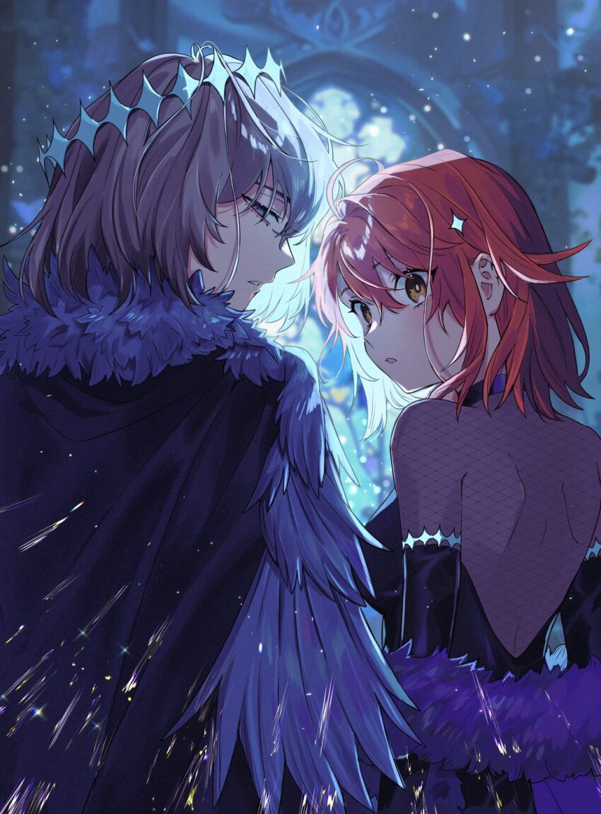 1boy alternate_costume backless_dress backless_outfit black_cape black_dress black_hair blue_eyes cape crown diamond_hairband dress fate/grand_order fate_(series) feather_trim feathers fujimaru_ritsuka_(female) fur-trimmed_cape fur_trim hair_between_eyes highres long_sleeves looking_at_viewer looking_back medium_hair oberon_(fate) oberon_(third_ascension)_(fate) official_alternate_hair_color orange_hair upper_body wani_(mezo) yellow_eyes