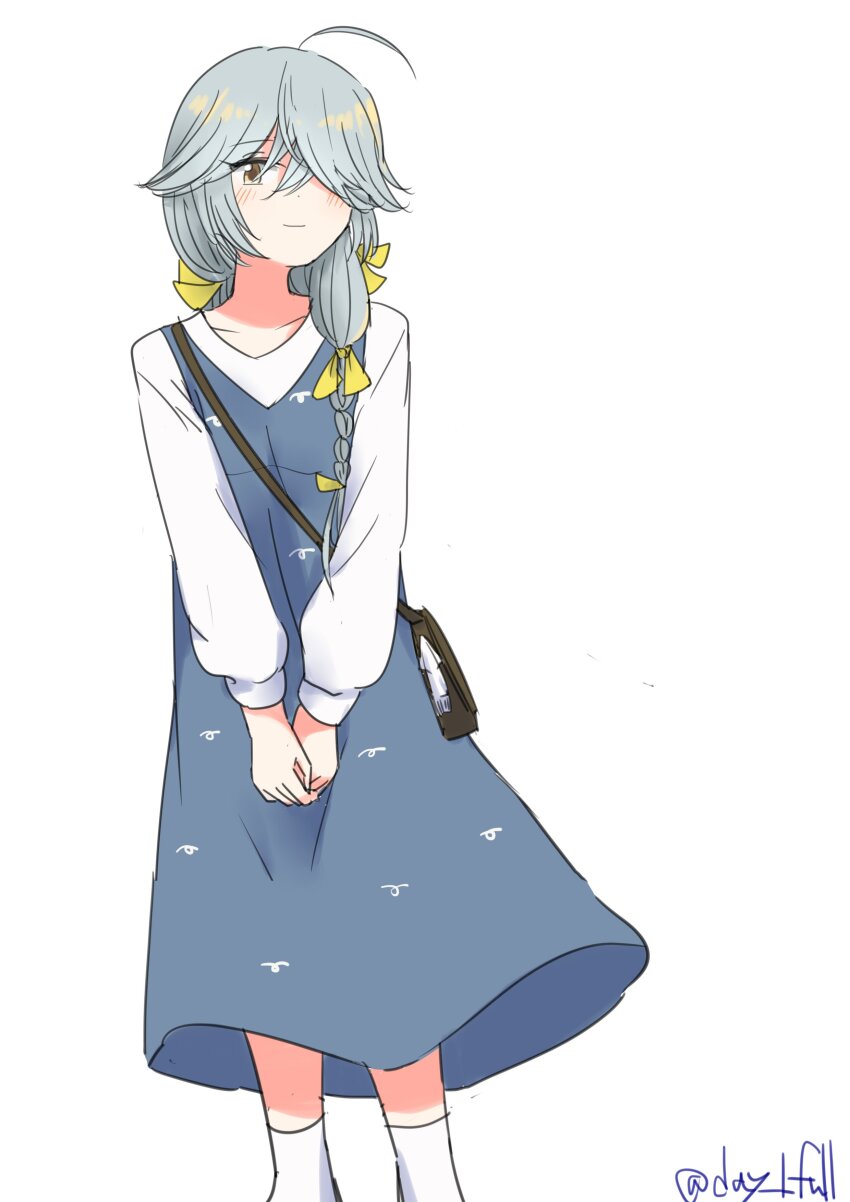 1girl absurdres ahoge bag blue_dress braid brown_eyes dress feet_out_of_frame green_ribbon grey_hair hair_over_one_eye hamanami_(kancolle) hamanami_(yokosuka)_(kancolle) highres kantai_collection long_hair long_sleeves official_alternate_costume one-hour_drawing_challenge ribbon robinson_(day_l_full) single_braid socks solo standing sweater twitter_username white_socks white_sweater
