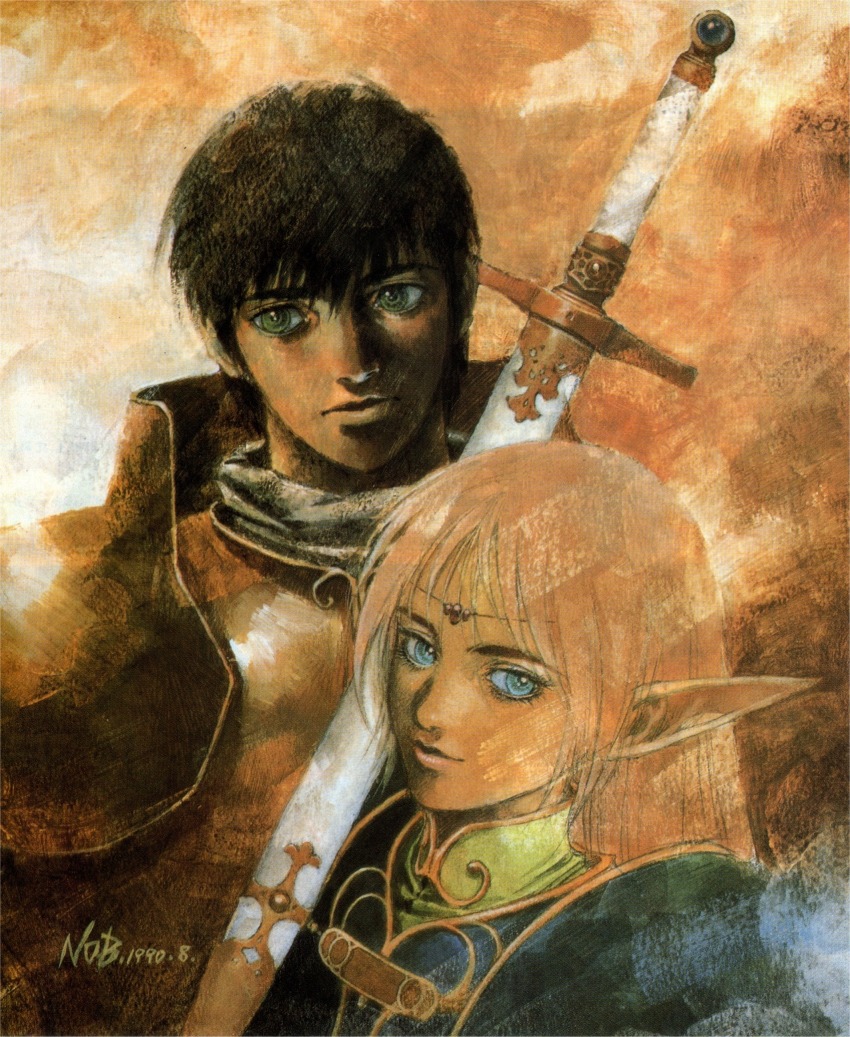 1990s_(style) 1boy 1girl black_hair blue_eyes elf green_eyes highres long_hair pointy_ears record_of_lodoss_war retro_artstyle short_hair smile sword weapon yuuki_nobuteru