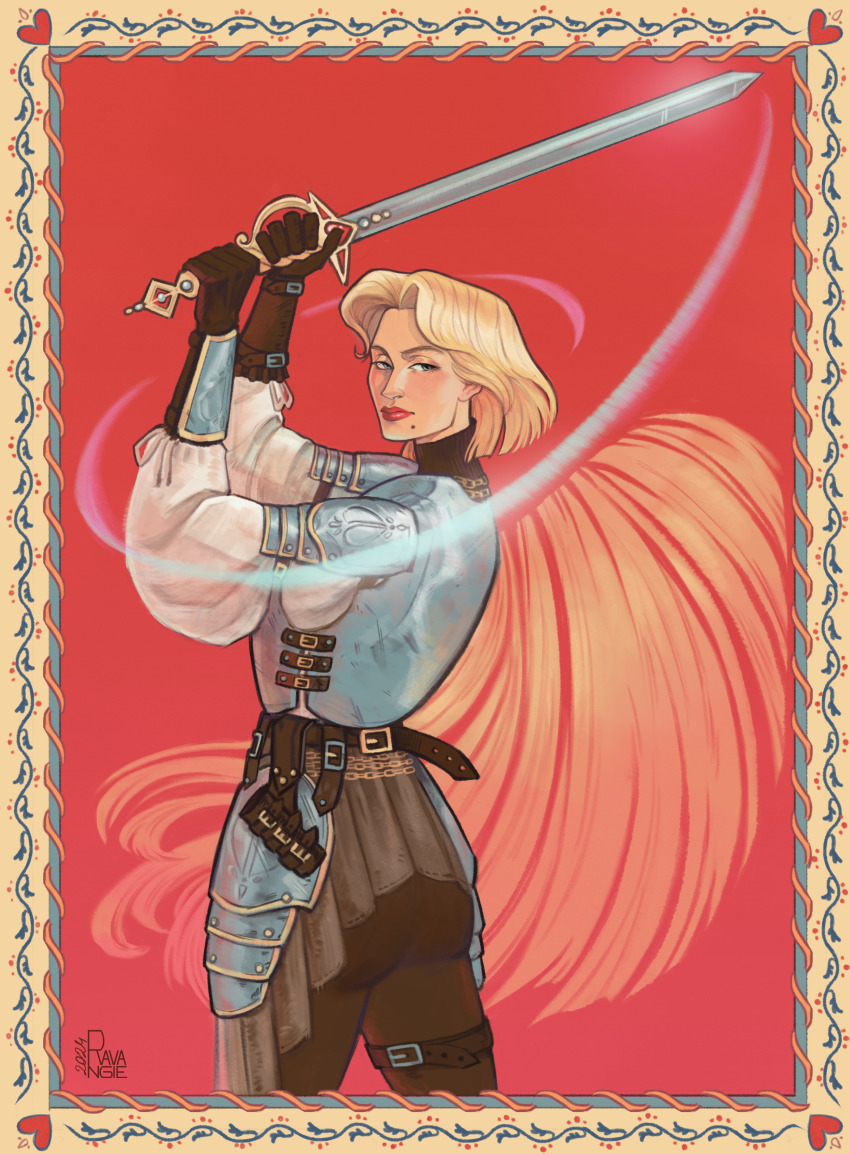 1girl absurdres blonde_hair blue_eyes closed_mouth cutting_hair dreamworks genderswap genderswap_(mtf) highres holding holding_sword holding_weapon mole mole_under_mouth prince_charming_(shrek) ravangie shrek_(series) solo standing sword weapon