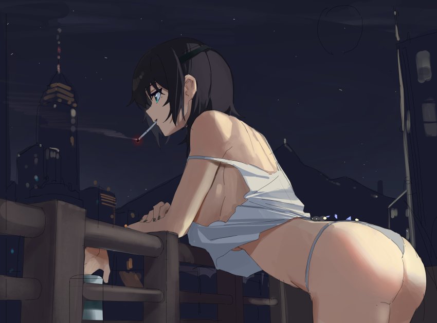 1girl absurdres arm_rest ass black_hair black_nails breasts can chainsaw_man cigarette crop_top eyepatch from_side green_eyes grey_panties highres himeno_(chainsaw_man) holding holding_can jaws_(okdol0928) leaning_forward lingerie medium_breasts nail_polish night night_sky outdoors panties patio profile railing shirt short_hair sky smoke smoking solo strap_slip tank_top underwear white_lingerie white_shirt