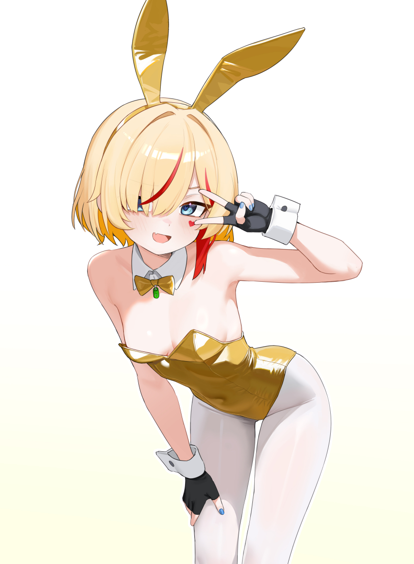 1girl absurdres animal_ears armpits bare_arms bare_shoulders bent_over black_gloves blonde_hair blue_eyes blue_nails bow bowtie breasts commentary covered_navel detached_collar facial_mark fake_animal_ears fingerless_gloves gloves gradient_background hair_over_one_eye hairband hand_on_own_thigh hand_up heart highres leotard looking_at_viewer multicolored_hair nail_polish open_mouth original pantyhose playboy_bunny rabbit_ears shenqi_xiaohuang short_hair small_breasts smile solo strapless strapless_leotard streaked_hair v white_background white_pantyhose wrist_cuffs yellow_hairband yellow_leotard