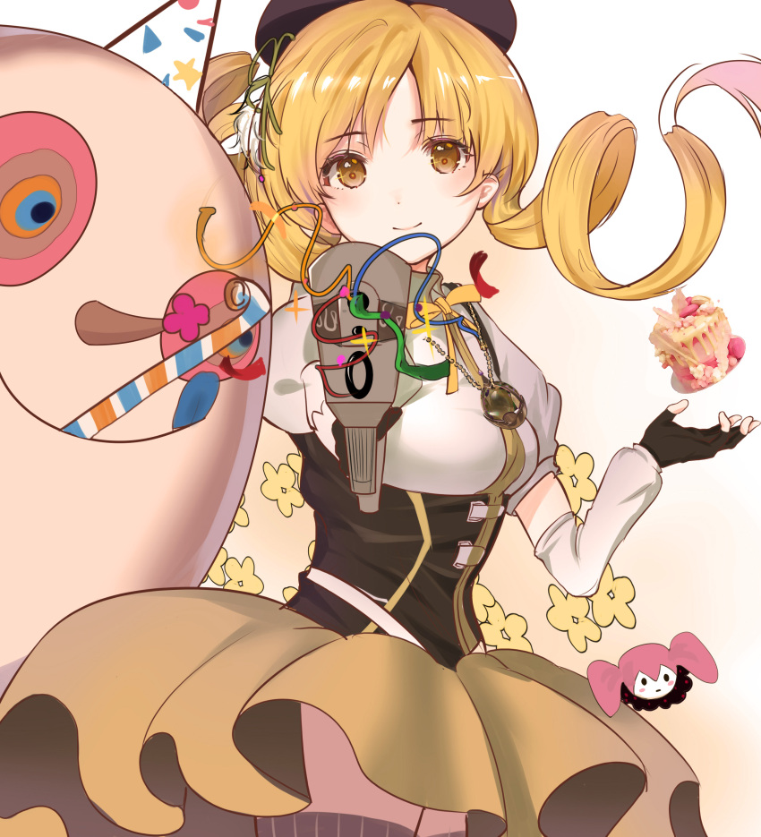 1girl absurdres aiming aiming_at_viewer beret black_goats blonde_hair charlotte_(madoka_magica) cupcake drill_hair fingerless_gloves food gloves gun hair_ornament hat highres long_hair looking_at_viewer magical_girl magical_musket mahou_shoujo_madoka_magica multicolored_eyes musket party_hat party_horn puffy_sleeves skirt smile streamers thighhighs tomoe_mami twin_drills twintails weapon yellow_eyes