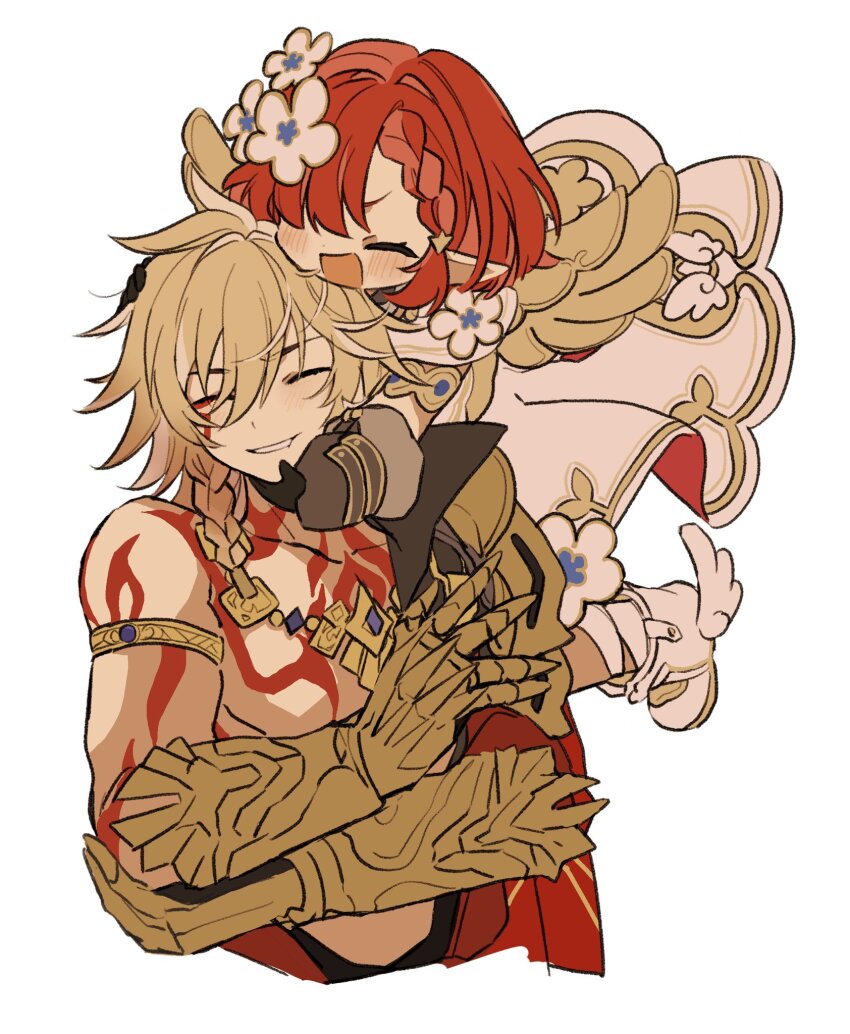 1boy 1girl ^_^ angel_wings arm_tattoo armlet armor armored_gloves black_coat black_gloves blonde_hair blush boots braid chest_tattoo closed_eyes coat dress facial_tattoo flower flying gloves gold_armlet gold_necklace gradient_hair hair_between_eyes hair_flower hair_ornament hair_over_one_eye hands_on_another&#039;s_head highres honkai:_star_rail honkai_(series) hug hug_from_behind iwashi_(iwashi008) jewelry medium_hair multicolored_hair mydei_(honkai:_star_rail) necklace open_clothes open_coat pauldrons pouncing red_hair red_tattoo short_hair shoulder_armor side_braid single_pauldron smile tattoo trianne_(honkai:_star_rail) white_background white_boots white_dress wings