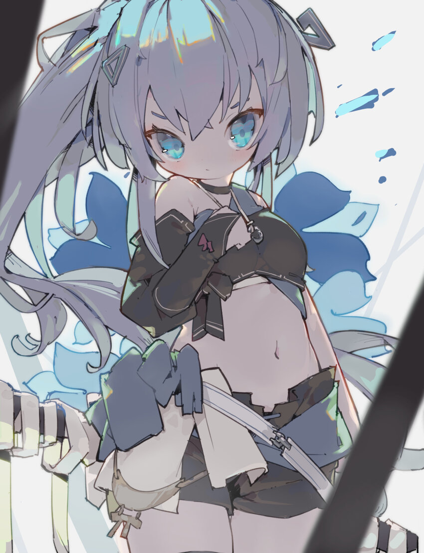 1girl absurdres bandeau black_bandeau black_choker black_shorts black_sleeves blue_eyes breasts choker closed_mouth commentary cowboy_shot dated_commentary detached_sleeves grey_hair hair_ornament hand_on_own_chest highres long_hair looking_at_viewer midriff navel nep_(nep_76) original shorts side_ponytail small_breasts solo symbol-only_commentary triangle_hair_ornament tsurime v-shaped_eyebrows