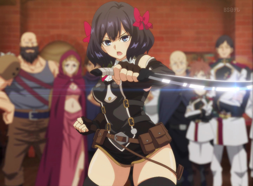 1girl :o anime_screenshot black_hair black_shorts black_thighhighs blue_eyes blunt_bangs breasts brown_gloves center_frills curvy dress fighting_stance fingerless_gloves frilled_shirt frills gloves highres holding holding_weapon looking_at_another looking_at_viewer medium_breasts medium_hair multiple_boys nageki_no_bourei_wa_intaishitai neck_ribbon open_mouth red_ribbon ribbon romper ryona shirt shorts sleeveless sleeveless_dress stitched thick_thighs thighhighs thighs third-party_edit tino_shade weapon white_shirt wide_hips