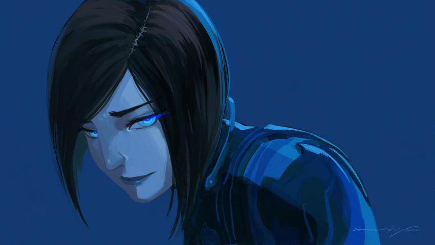 1girl black_hair blue_background blue_eyes blue_jacket blue_lips blue_skin blue_theme colored_skin commentary cortana english_commentary eye_trail halo_(series) halo_5:_guardians highres jacket leaning_forward light_trail looking_at_viewer short_hair signature smile solo stellarstatelogic