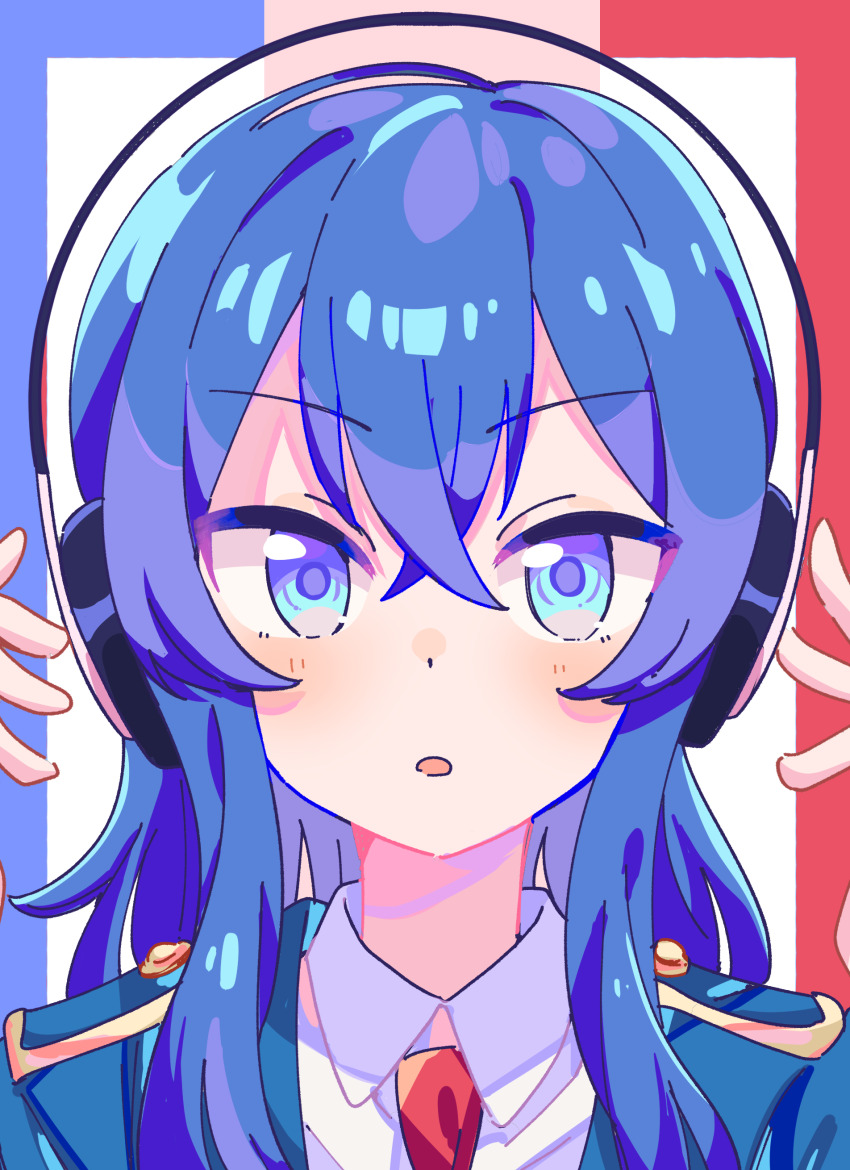 1girl absurdres blue_eyes blue_hair blue_jacket eclair_(girls_und_panzer) girls_und_panzer girls_und_panzer_gekitou!_maginot-sen_desu!! headset highres jacket long_hair maginot_military_uniform necktie open_mouth pabu_nami_nami red_necktie shirt white_shirt