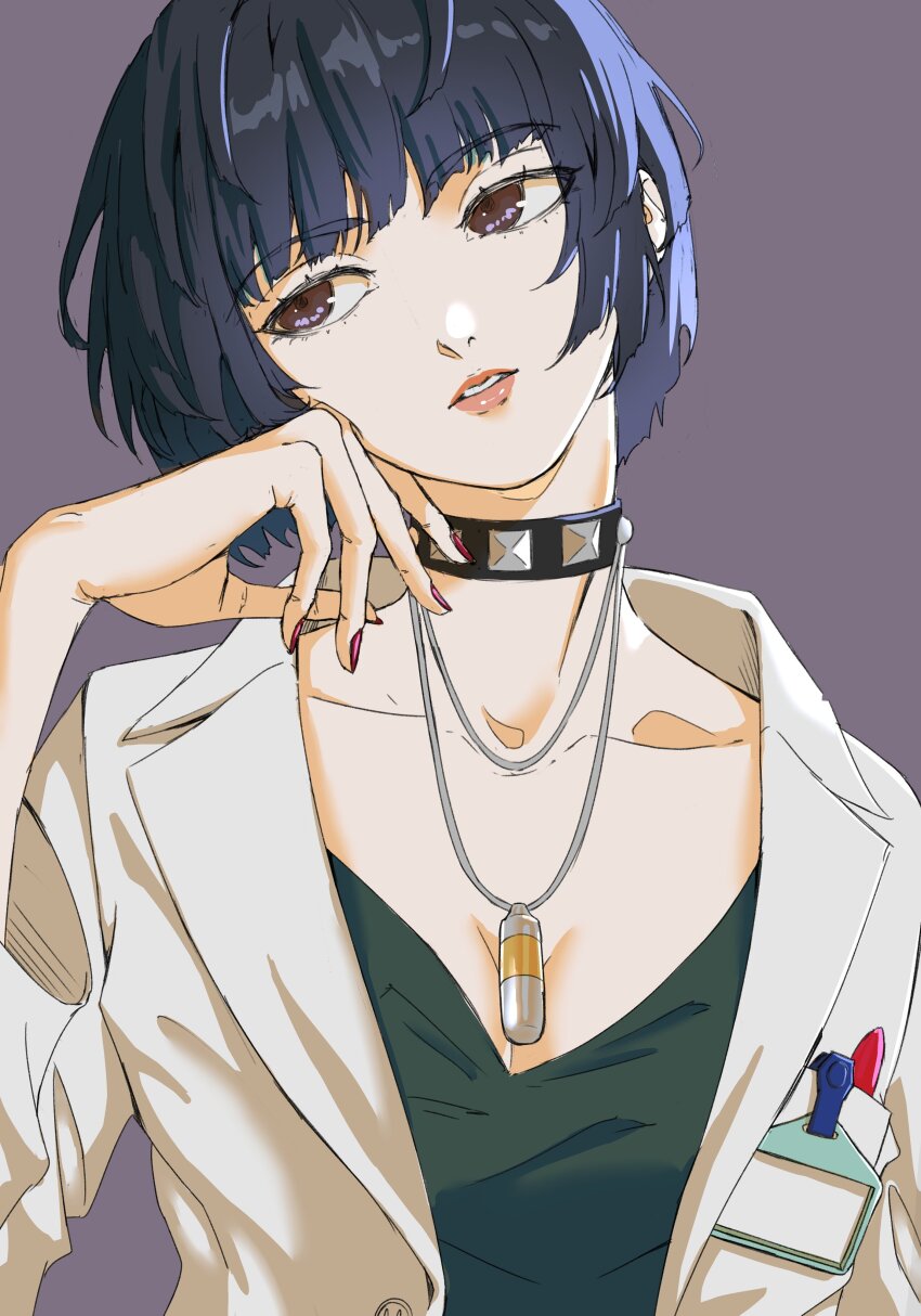 1girl absurdres black_choker blue_hair blunt_bangs breasts brown_eyes choker cleavage coat collarbone dress green_dress head_rest head_tilt highres jewelry kosuta lab_coat lips looking_to_the_side nail_polish necklace open_clothes open_coat parted_lips persona persona_5 pink_lips short_hair solo studded_choker takemi_tae upper_body white_coat