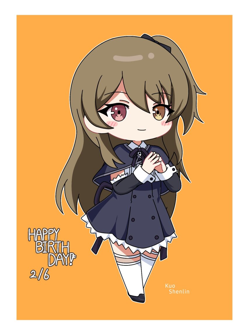 1girl assault_lily black_capelet black_ribbon black_shoes black_skirt blush border brown_hair capelet character_name chibi closed_mouth collared_shirt commentary detached_sleeves frilled_skirt frilled_sleeves frills full_body hair_between_eyes hair_ribbon hands_up happy_birthday heterochromia high-waist_skirt highres kuo_shenlin light_smile long_hair long_sleeves looking_at_viewer miniskirt neck_ribbon one_side_up orange_background outline outside_border own_hands_together pink_eyes ribbon school_uniform shirt shoes sidelocks simple_background skirt solo standing steepled_fingers thighhighs very_long_hair white_border white_outline white_shirt white_thighhighs yellow_eyes yui_(yui1115_) yurigaoka_girls_academy_school_uniform