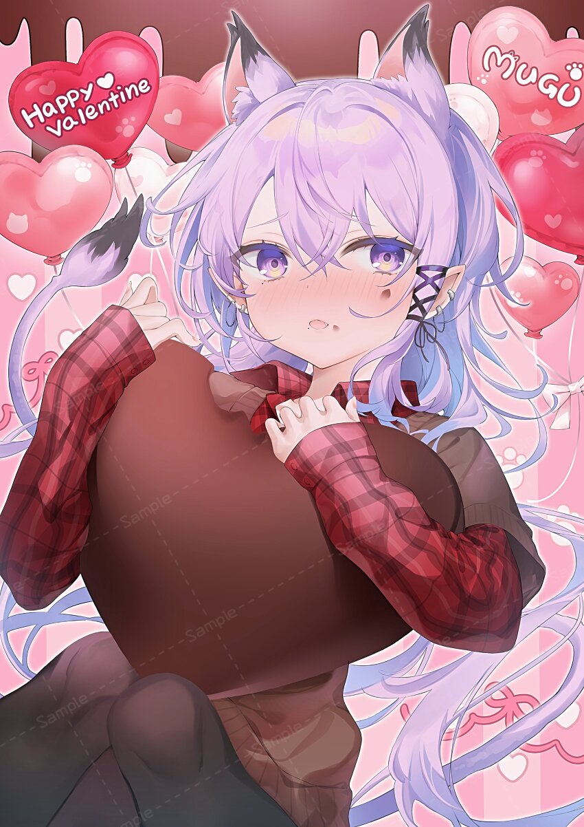 1girl absurdres animal_ear_fluff animal_ears balloon black_pantyhose blush brown_sweater candy cat_ears chocolate chocolate_heart chocolate_on_face ear_piercing extra_ears fang floating food food_on_face hair_between_eyes heart heart_balloon highres holding holding_chocolate holding_food indie_virtual_youtuber jewelry knees_up long_hair long_sleeves looking_at_viewer open_mouth pantyhose piercing plaid pointy_ears purple_eyes purple_hair red_shirt sample_watermark shirt short_sleeves skin_fang solo sweater tail usanta valentine virtual_youtuber watermark