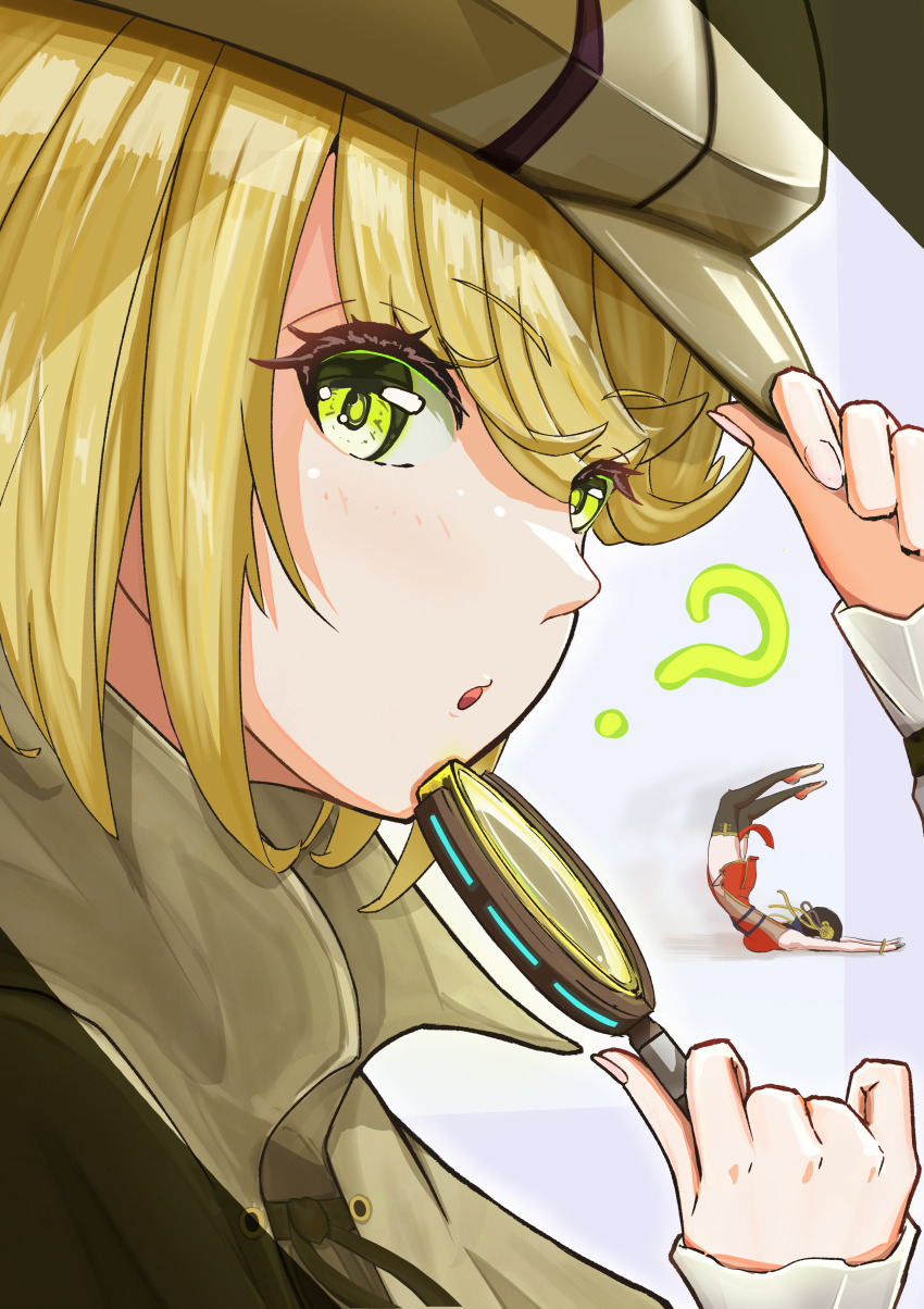 2girls ? absurdres blonde_hair brown_capelet capelet deerstalker hat heaven_burns_red highres irene_redmayne li_yingxia looking_at_viewer magnifying_glass multiple_girls psy_(artist) short_hair solo_focus yellow_eyes