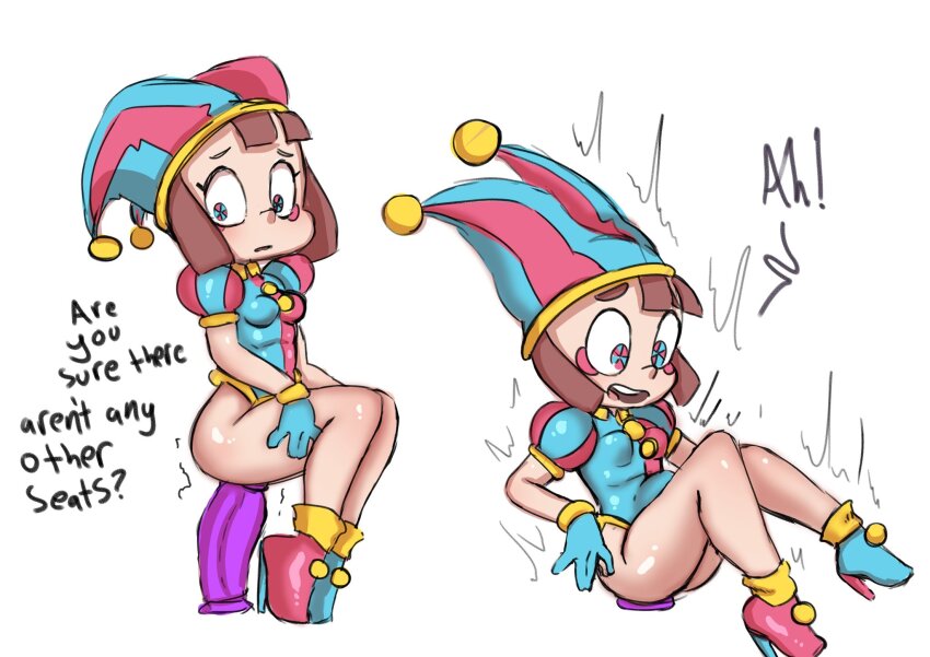 1girl anal anal_object_insertion ass boots breasts brown_hair dildo dildo_riding english_text glitch_productions gloves hat high_heel_boots high_heels highres izzybsides jester jester_cap legs leotard object_insertion pomni_(the_amazing_digital_circus) sex_toy sitting_on_dildo small_breasts the_amazing_digital_circus thighs tricked_into_sex