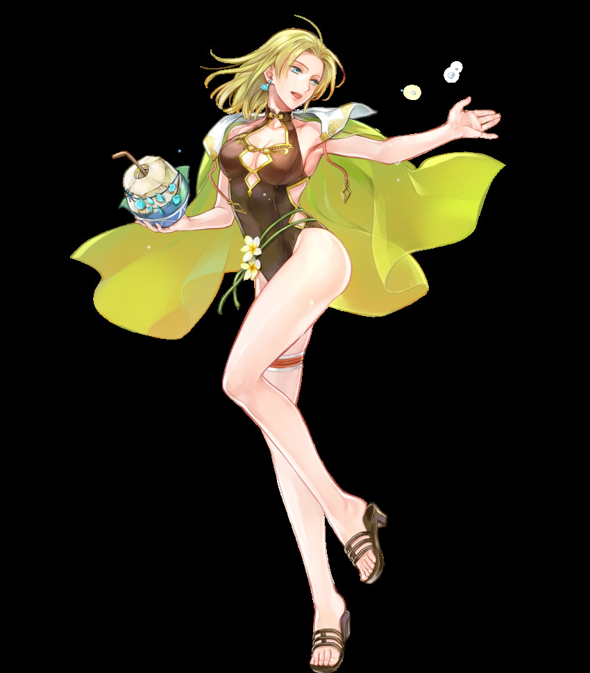 1girl armpits bare_arms blonde_hair blue_eyes breasts cape cleavage coconut collarbone drinking_straw earrings feet female_focus fire_emblem fire_emblem:_the_sacred_stones fire_emblem_heroes flower fruit_cup full_body green_cape high_heel_sandals highleg highleg_one-piece_swimsuit highres holding jewelry long_hair looking_at_viewer medium_breasts nintendo official_art one-piece_swimsuit open_mouth parted_bangs parted_lips sandals selena_(fire_emblem:_the_sacred_stones) selena_(summer)_(fire_emblem:_the_sacred_stones) shiny_skin smile solo swimsuit thigh_strap thighs toes transparent_background wada_sachiko water_drop