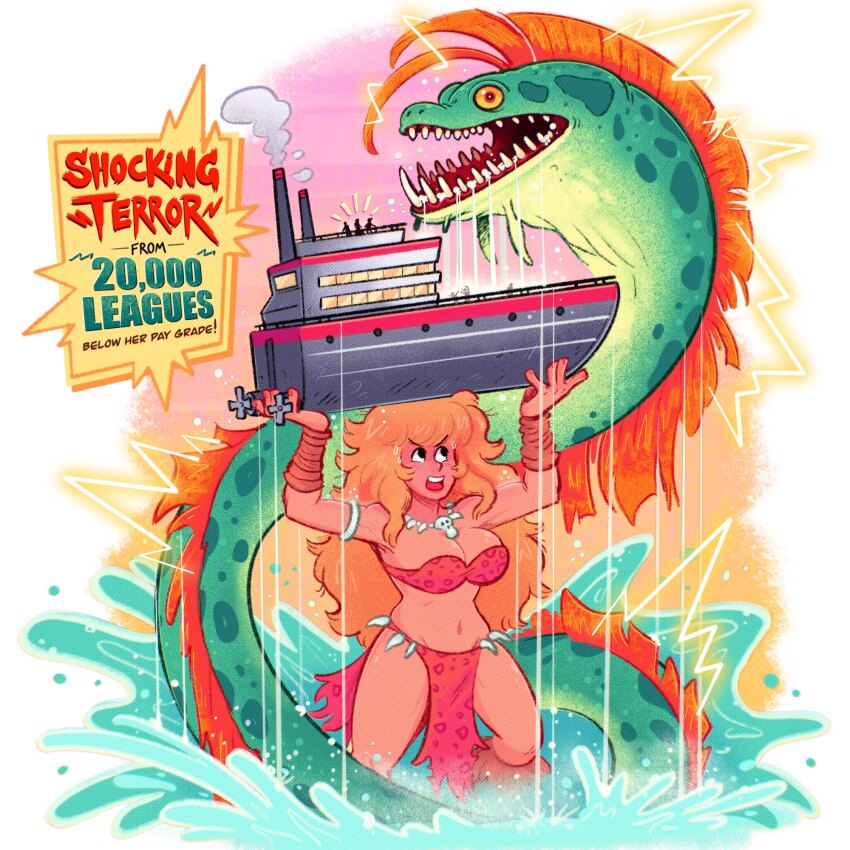 1other blonde_hair boat bone_necklace bra breasts commentary destruction eel electric_eel electricity english_commentary english_text fighting fur_trim giant giant_monster giantess highres jewelry large_breasts long_hair midriff mini_person monster mostlyghostly navel necklace open_mouth red_bra rescue sharp_teeth size_difference skull_necklace smoke smoke_trail smokestack splashing teeth title_card underwear water watercraft
