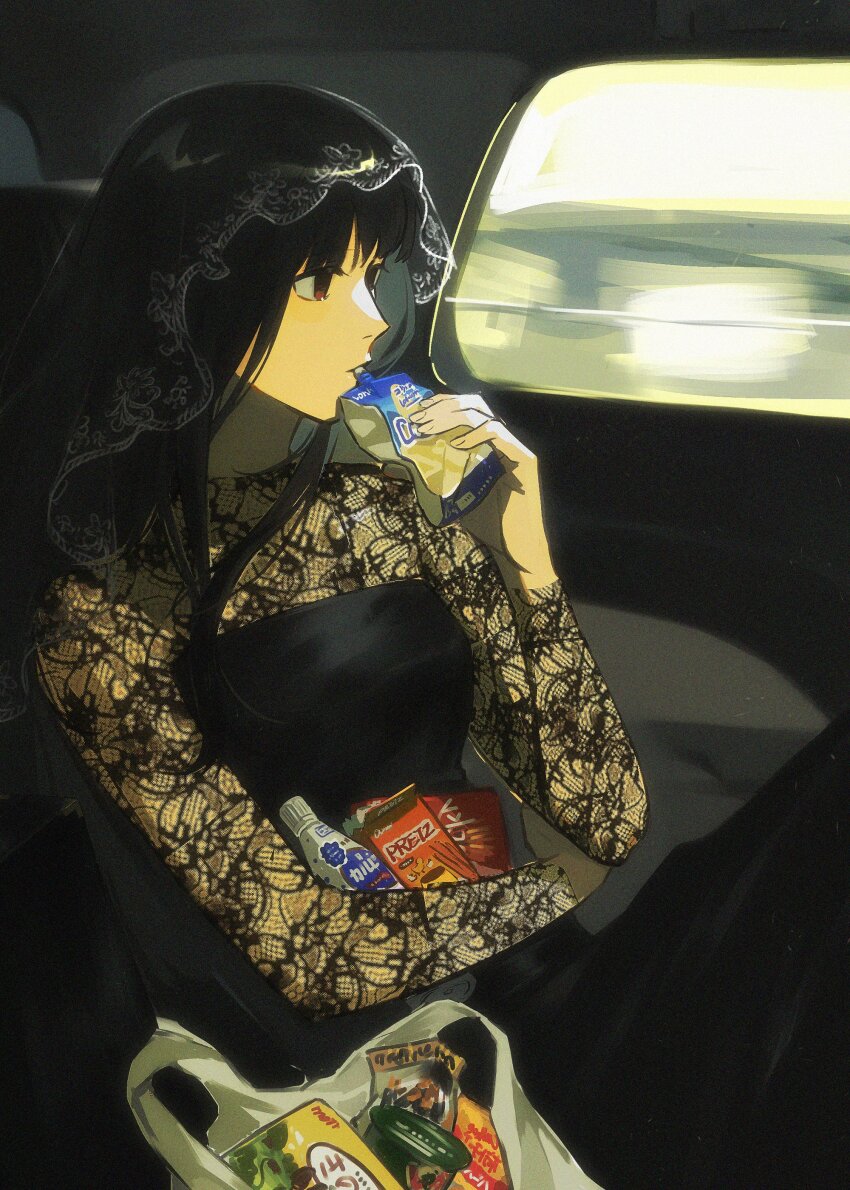 1girl 5a1_uei absurdres bag black_dress black_eyes black_hair car_interior dress drink eating fishnet_sleeves fishnets food food_request highres holding holding_food long_hair long_sleeves osaragi_(sakamoto_days) pretz sakamoto_days see-through_clothes see-through_veil shopping_bag sitting solo veil