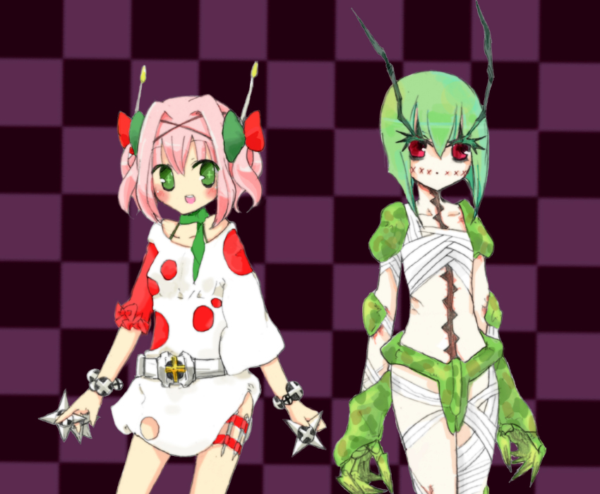 2girls green_eyes green_hair kamen_rider kamen_rider_shin kamen_rider_zx multiple_girls personification pink_hair red_eyes rider-tan shin_kamen_rider_prologue