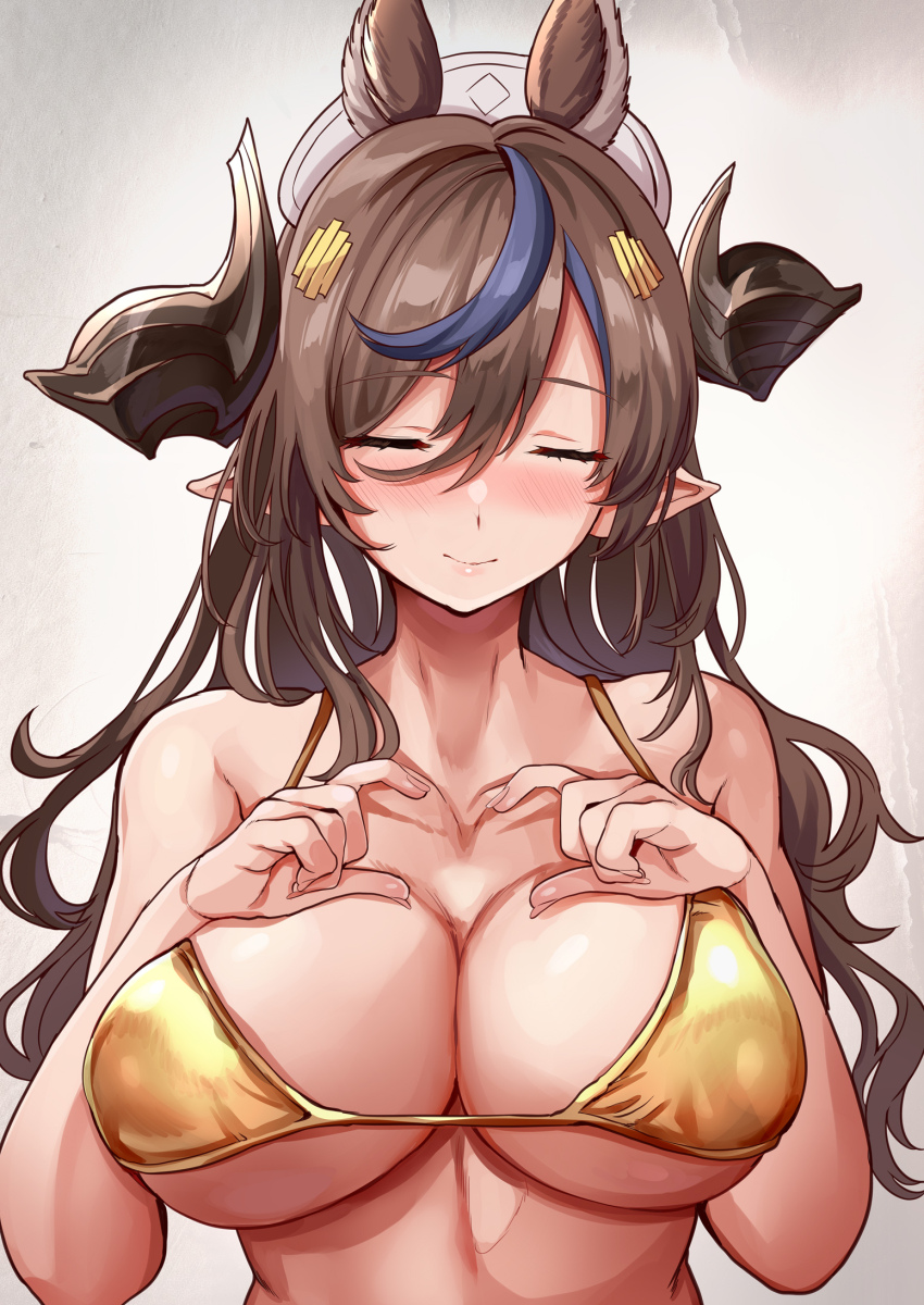 1girl animal_ears bare_shoulders bikini blue_hair breasts brown_hair brown_horns closed_eyes closed_mouth commentary_request extra_ears facing_viewer food galleon_(granblue_fantasy) gold_bikini golden_week granblue_fantasy hair_between_eyes hair_ornament hat heart heart_hands highres himuro_shunsuke horns large_breasts long_hair multicolored_hair pointy_ears smile solo streaked_hair swimsuit underboob upper_body white_hat