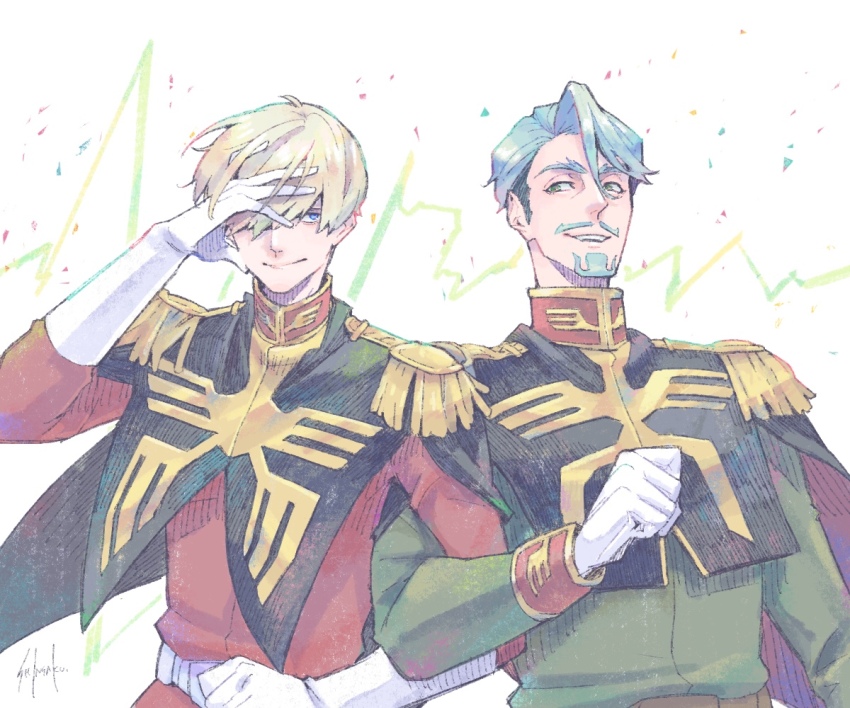 2boys beard blonde_hair blue_eyes challia_bull char_aznable epaulettes facial_hair gloves green_eyes green_hair gundam gundam_gquuuuuux hair_over_one_eye high_collar jacket locked_arms long_sleeves looking_at_another male_focus military_jacket military_uniform multiple_boys mustache open_mouth red_jacket short_hair smile upper_body white_background yebisu07