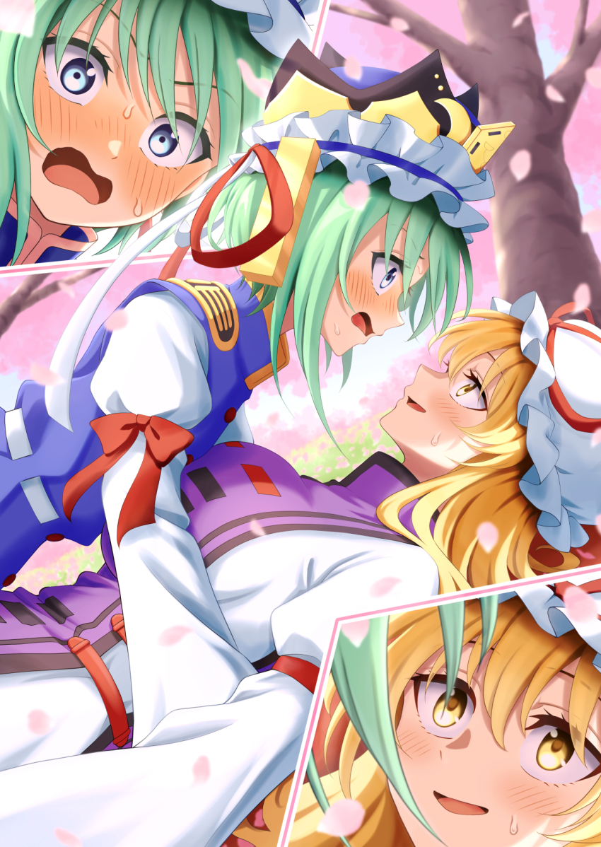 2girls blonde_hair blue_eyes blue_vest blush breasts cherry_blossoms commission dress embarrassed falling_petals green_hair hat highres large_breasts long_hair long_sleeves looking_at_another lying lying_on_person medium_hair mob_cap multiple_girls on_back open_mouth petals pink_petals purple_tabard shiguma_(signalmass) shiki_eiki shirt skeb_commission small_breasts tabard touhou vest white_dress white_shirt yakumo_yukari yellow_eyes