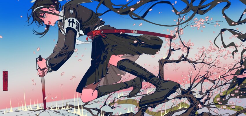 1girl armband black_boots black_shirt boots cherry_blossoms crying crying_with_eyes_open eyeliner high_heel_boots high_heels highres holding holding_sword holding_weapon imminent_explosion imminent_suicide last_defense_academy_school_uniform long_hair magadori_kyoshika makeup mint1618680 open_mouth ponytail red_eyeliner school_uniform sheath shirt spoilers sweat sword tears the_hundred_line_-last_defense_academy- tree very_long_hair weapon white_armband
