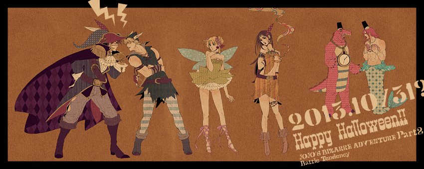2girls 3boys caesar_anthonio_zeppeli fairy halloween highres jojo_no_kimyou_na_bouken joseph_joestar joseph_joestar_(young) lisa_lisa loggins_(jojo) mermaid_costume messina_(jojo) multiple_boys multiple_girls native_american parody peter_pan_(novel) pirate polon55 walt_disney&#039;s_peter_pan