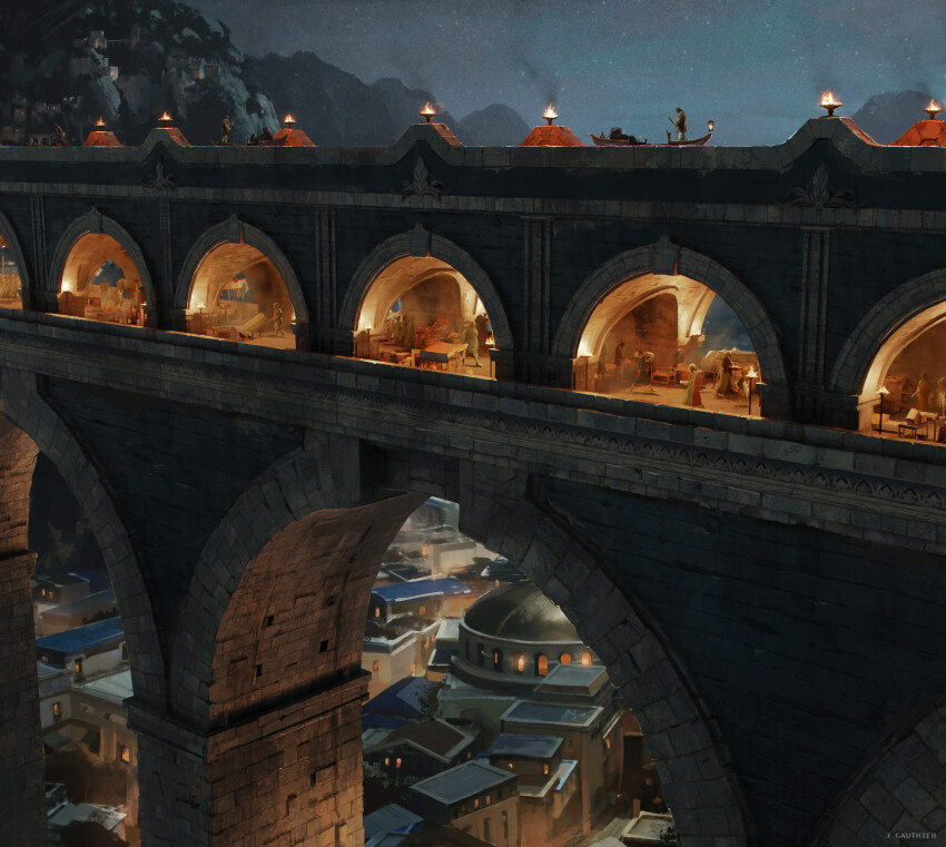 absurdres aqueduct arch bridge city city_lights dome fantasy fire gondola highres mountain multiple_boys multiple_girls night numenor official_art renart rings_of_power rowing scenery table tolkien&#039;s_legendarium torch watercraft watermark