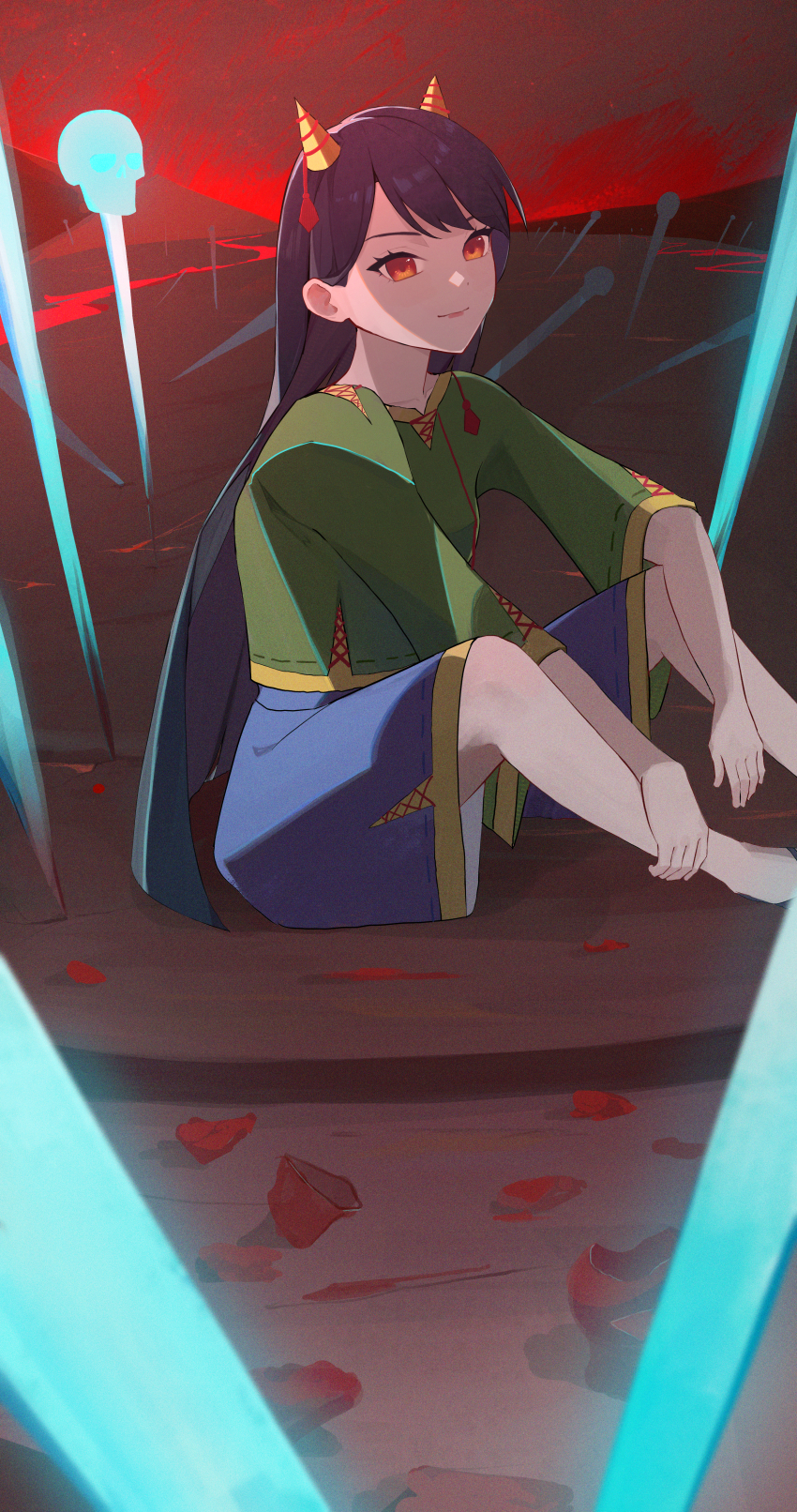 1girl absurdres black_hair blue_shorts closed_mouth green_shirt highres horns long_hair looking_at_viewer nippaku_zanmu oni_horns palulap red_eyes shirt shorts sitting smile solo touhou wide_sleeves