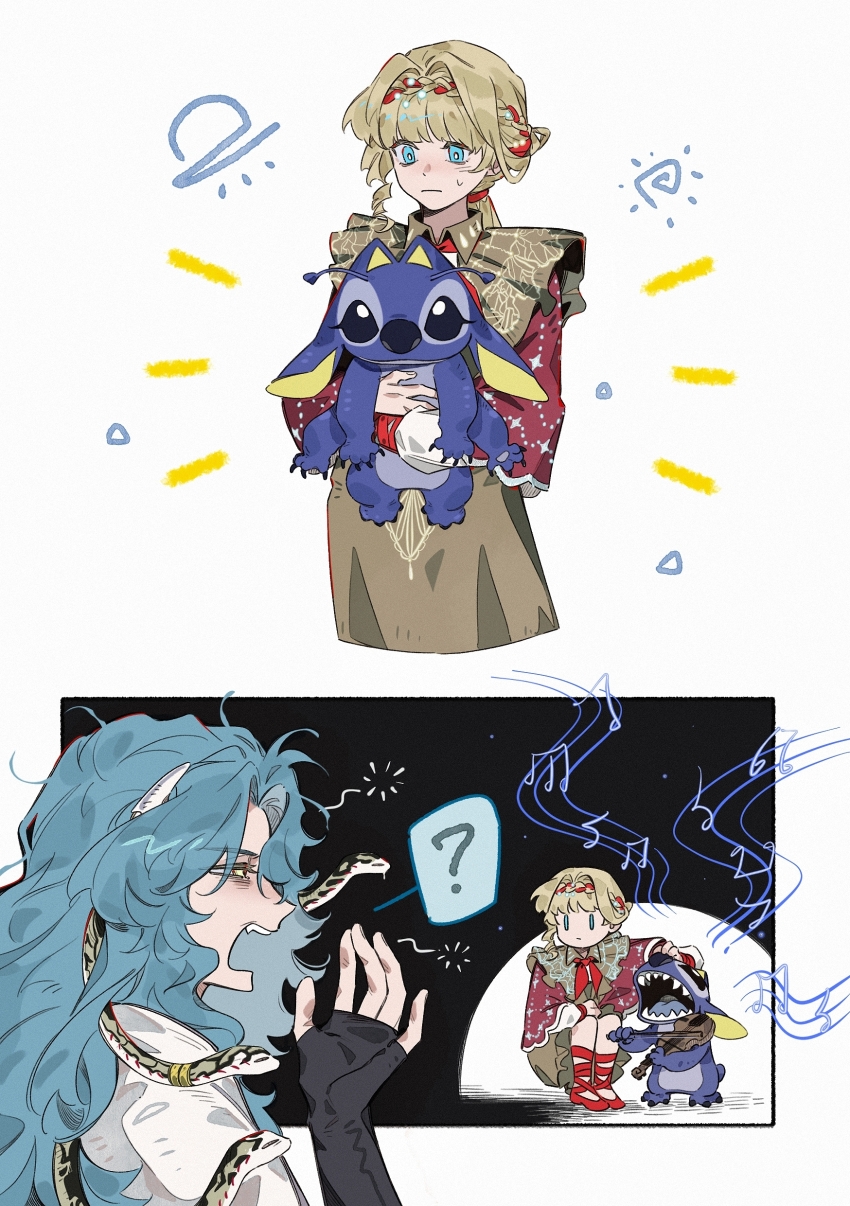 ? absurdres alien beamed_eighth_notes blonde_hair blue_eyes blue_hair bow_(music) braid braided_bangs brown_dress cloak closed_mouth creature dress eighth_note hand_on_another&#039;s_head hand_up highres hissabeth holding holding_bow_(music) holding_creature holding_instrument holding_violin hug instrument jo_jun kiperina lilo_&amp;_stitch looking_at_another looking_down low_ponytail monsterification music musical_note musical_staff open_mouth playing_instrument ponytail red_cloak red_shoes reverse:1999 sharp_teeth shoes snake snake_on_head speech_bubble spoken_question_mark squatting squeans stitch_(lilo_&amp;_stitch) sweat teeth violin voyager_(reverse:1999) yawning