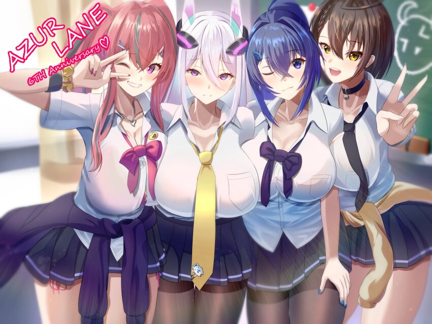 4girls alternate_costume anniversary azur_lane baltimore_(after-school_ace)_(azur_lane) baltimore_(azur_lane) black_choker black_necktie black_pantyhose black_skirt blue_hair blue_nails bow bowtie bra bra_peek braid breast_pocket breasts bremerton_(azur_lane) brown_hair cardigan cardigan_around_waist chalkboard choker cleavage clothes_around_waist collarbone collared_shirt cowboy_shot english_text french_braid grey_hair gyaru hair_between_eyes headgear heart heart_necklace highres huge_breasts indoors jewelry kearsarge_(azur_lane) kogal large_breasts light_blush looking_at_viewer loose_bowtie loose_necktie manjuu_(azur_lane) meowfficer_(azur_lane) miniskirt multicolored_hair multiple_girls nail_polish necklace necktie new_jersey_(azur_lane) official_alternate_costume one_eye_closed open_mouth panty_straps pantyhose partially_unbuttoned pink_bow pink_bowtie pink_hair pink_nails pocket ponytail purple_bow purple_bowtie purple_bra purple_sweater school_uniform shirt short_hair short_sleeves skirt smile streaked_hair sweater sweater_around_waist tako-san_wiener_(takosanuma) thighband_pantyhose tied_sweater underwear v white_shirt yellow_eyes yellow_necktie
