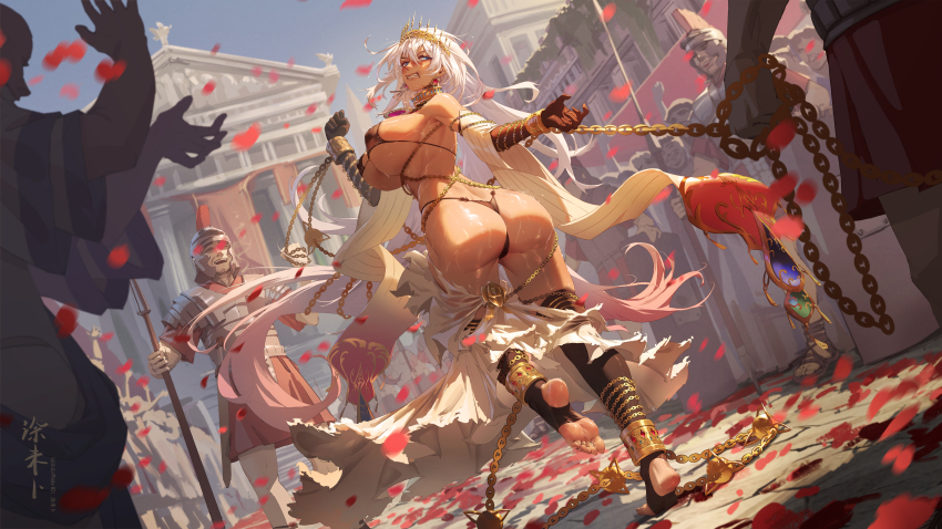 1girl absurdres ass barefoot bikini black_bikini black_thighhighs blue_eyes breasts clenched_teeth crowd crown cuffs curvy day fate/grand_order fate_(series) gloves greco-roman_clothes guard highres huge_breasts long_hair micro_bikini outdoors polearm restrained roman_clothes shackles spear stirrup_legwear swimsuit teeth temple thighhighs toeless_legwear tuweibu weapon white_hair zenobia_(fate)